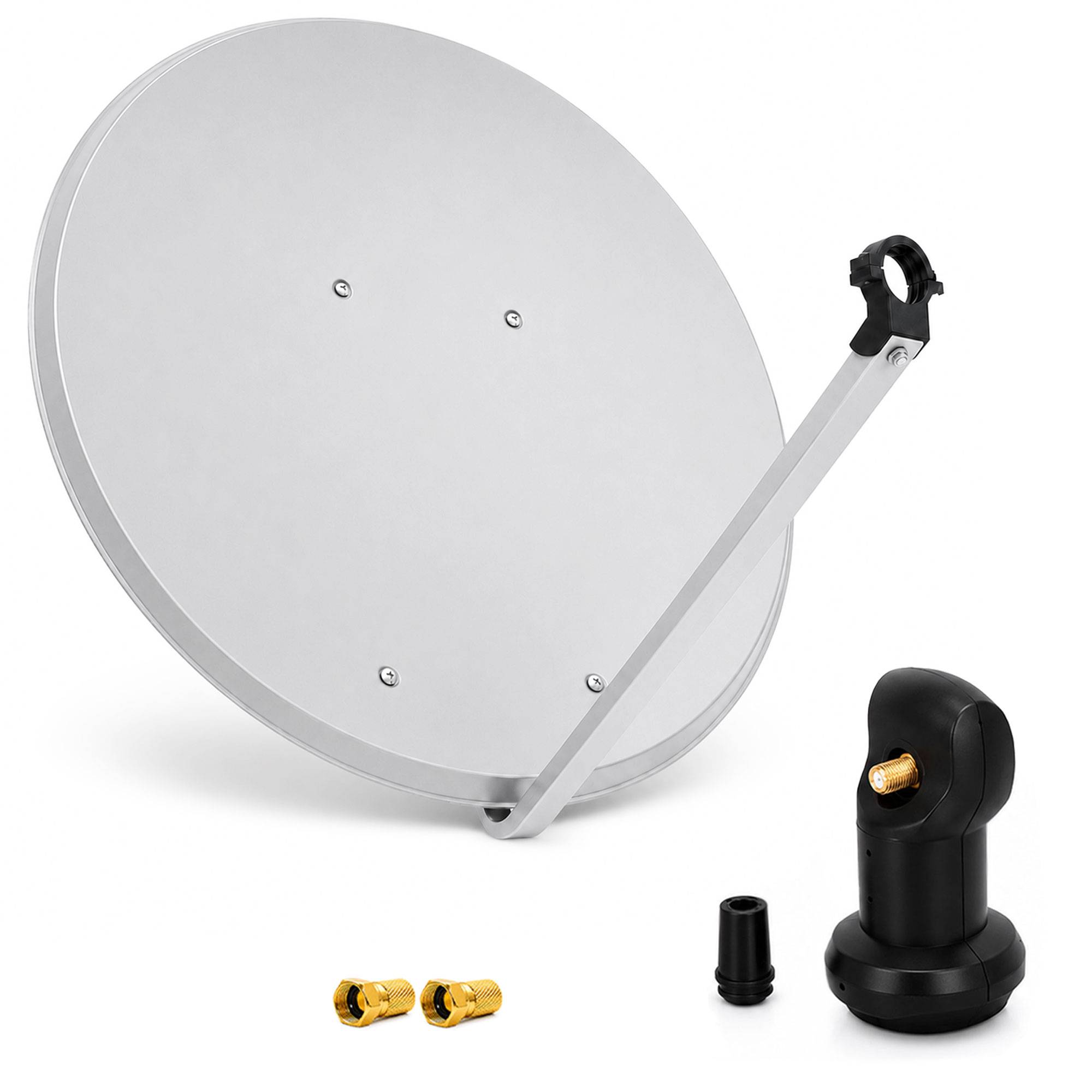 Satellitenschüssel-Antennensatz mit Montagearm, LNB-Speisehorn und zwei Koaxialsteckern auf weißem Hintergrund.
