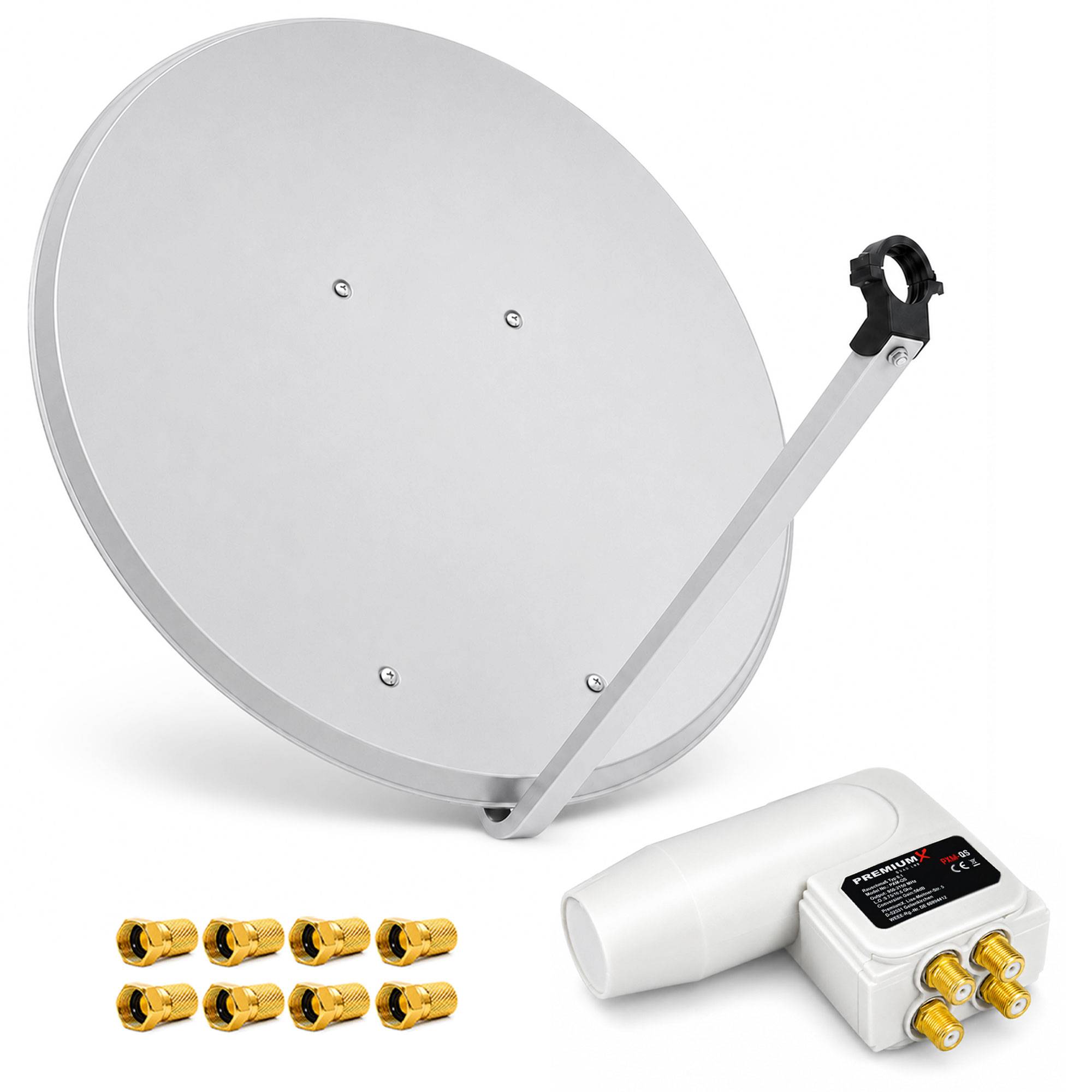 Satellitenantennenschüssel-Set mit Montagarm, LNB-Empfänger und vier vergoldeten Steckverbindern auf weißem Hintergrund.