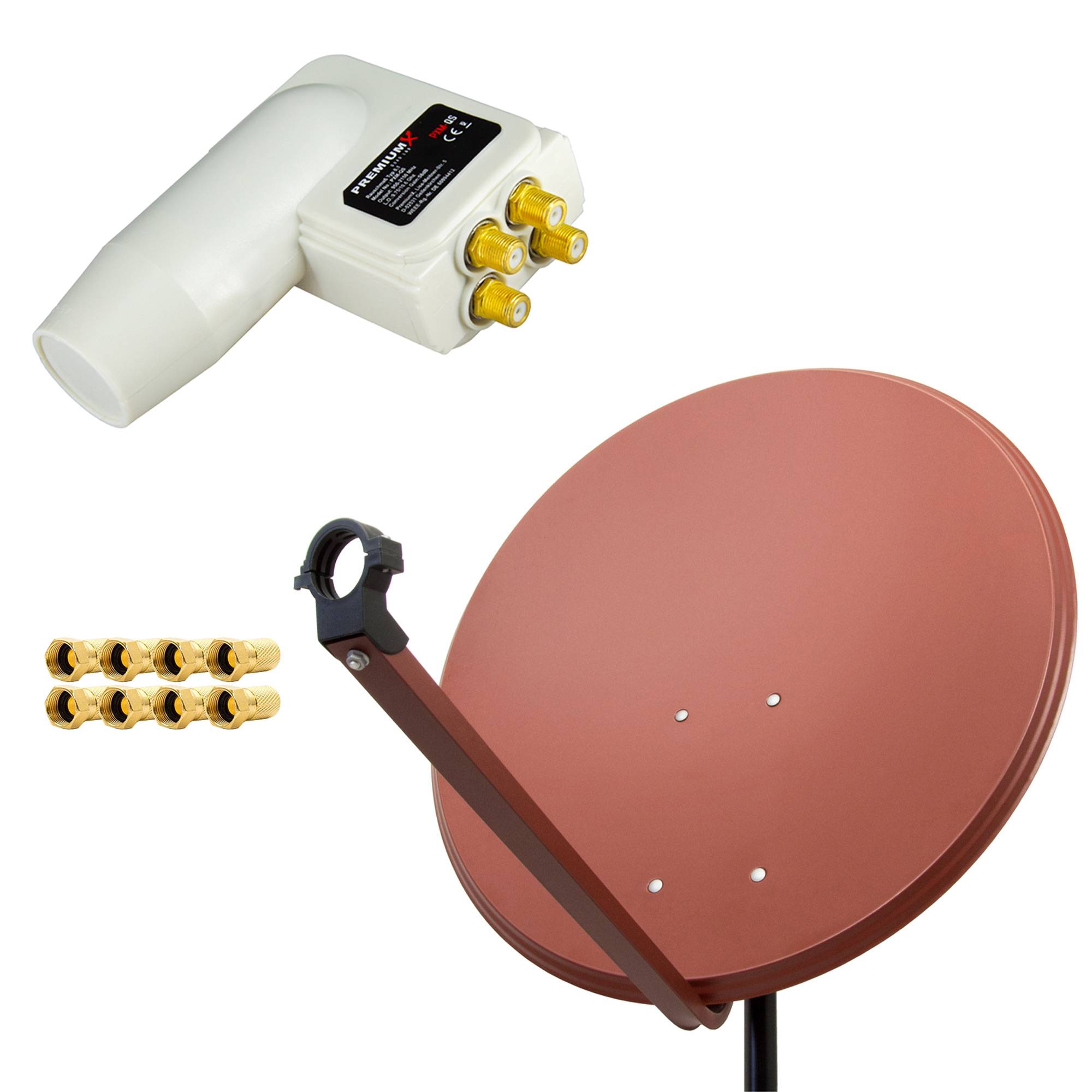 PremiumX Satelliten-Komplettanlage 100cm Satellitenschüssel Aluminium Ziegelrot Antenne Quad LNB 8x F-Stecker, SAT bis 4 Receiver