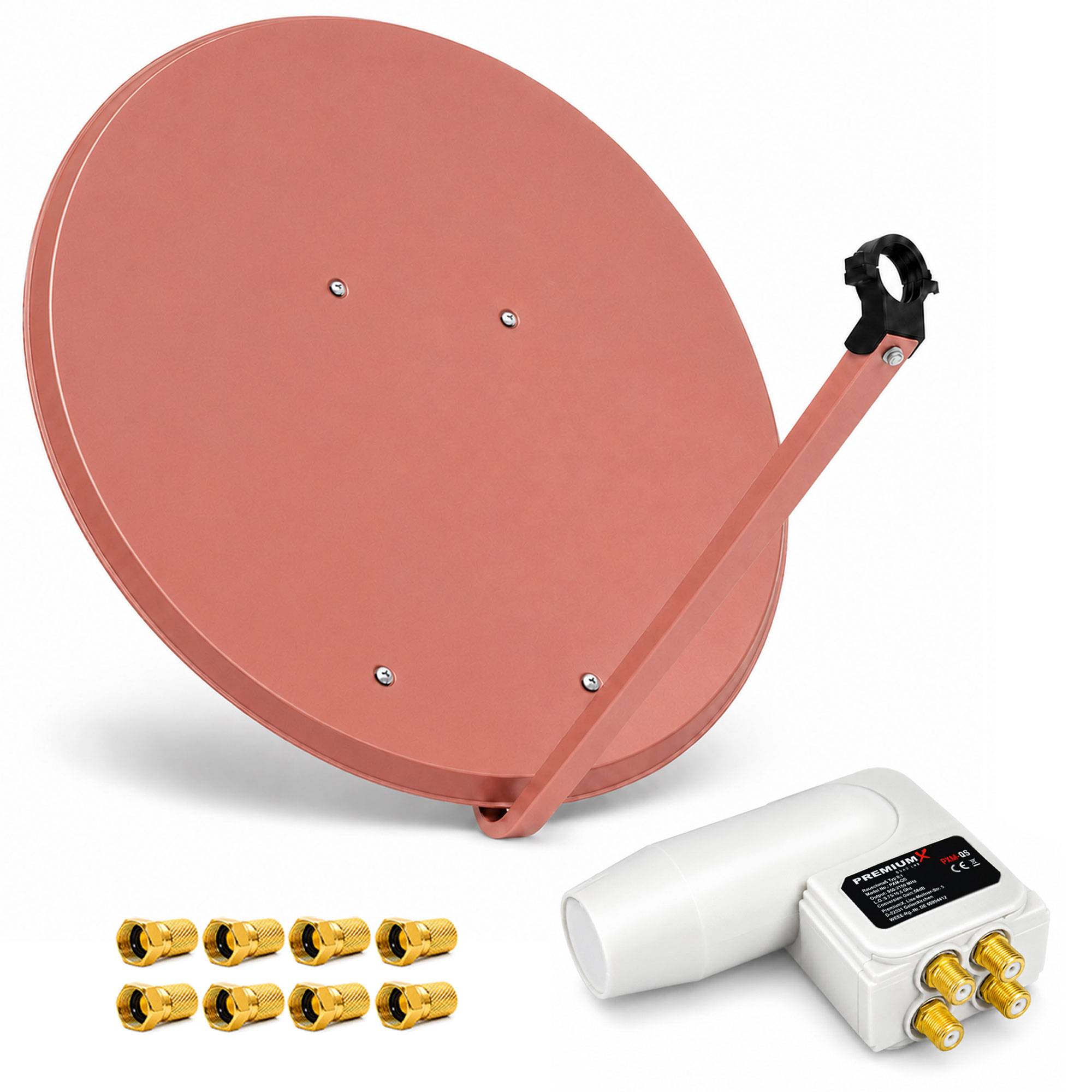 Satellitenschüssel-Antennenbausatz mit rosa Schüssel, Montagestange, LNB-Empfänger und Kabelsteckern auf weißem Hintergrund