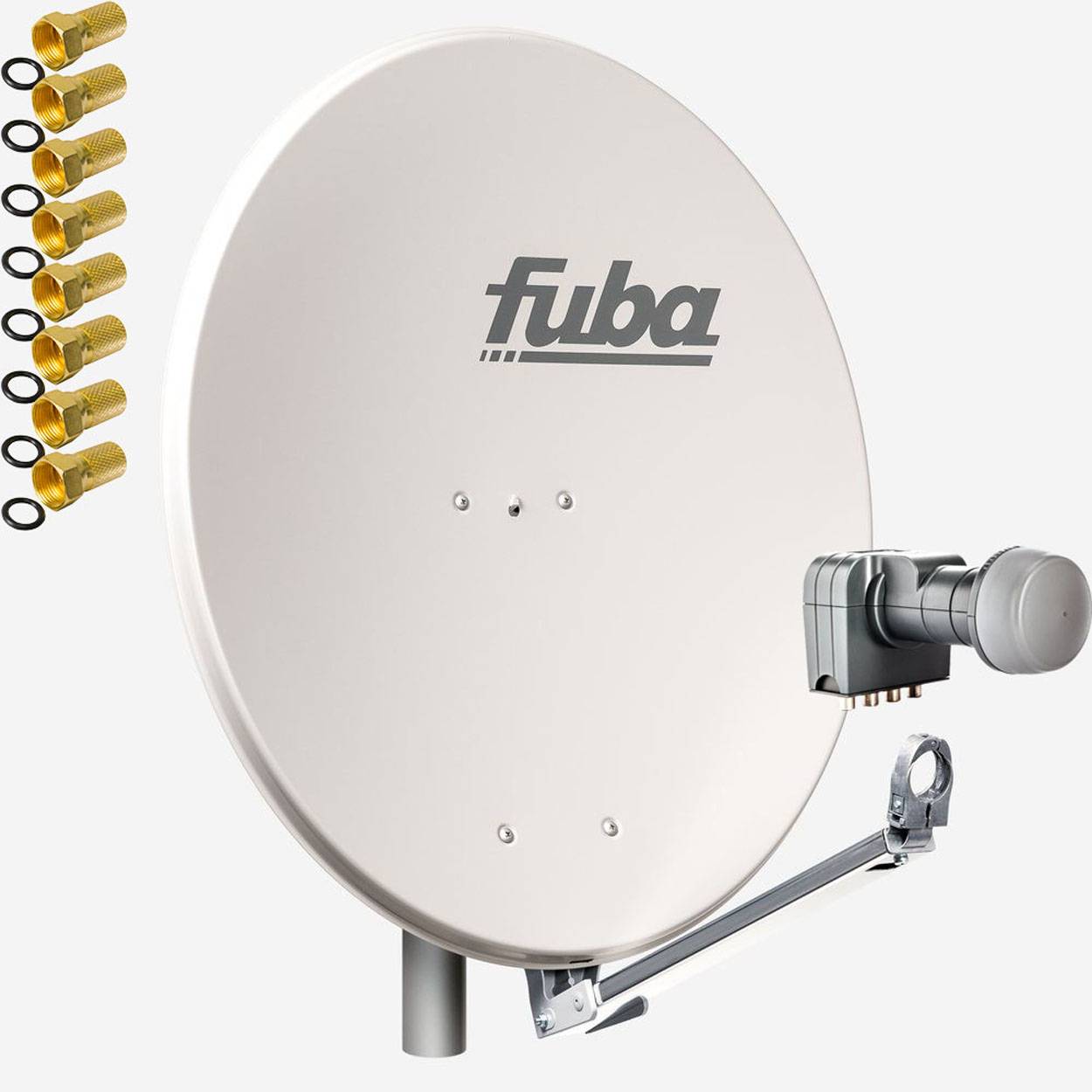 Fuba DAL 804 G + Quad LNB Sat Satelliten Anlage Schüssel DEK 417 4 Teilnehmer + 8 Alu Spiegel Grau für 4 Teilnehmer HDTV 4K 3D kompatibel Aluminium