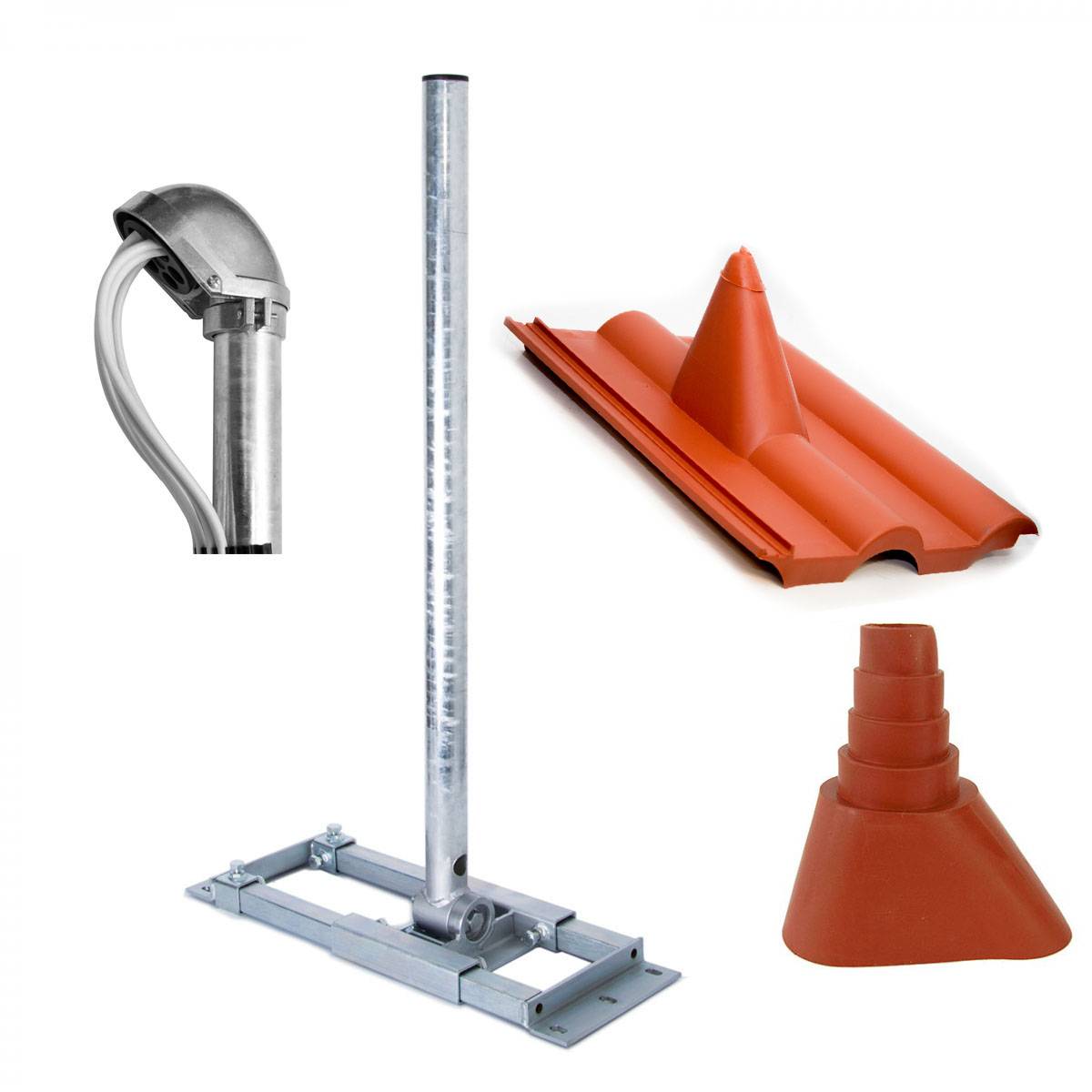 PremiumX DELUXE X90-48 Dachsparrenhalter 90cm Mast SAT Sparren Dach-Halterung mit Kabeldurchführung Dach-Abdeckung Frankfurter Dach-Ziegel