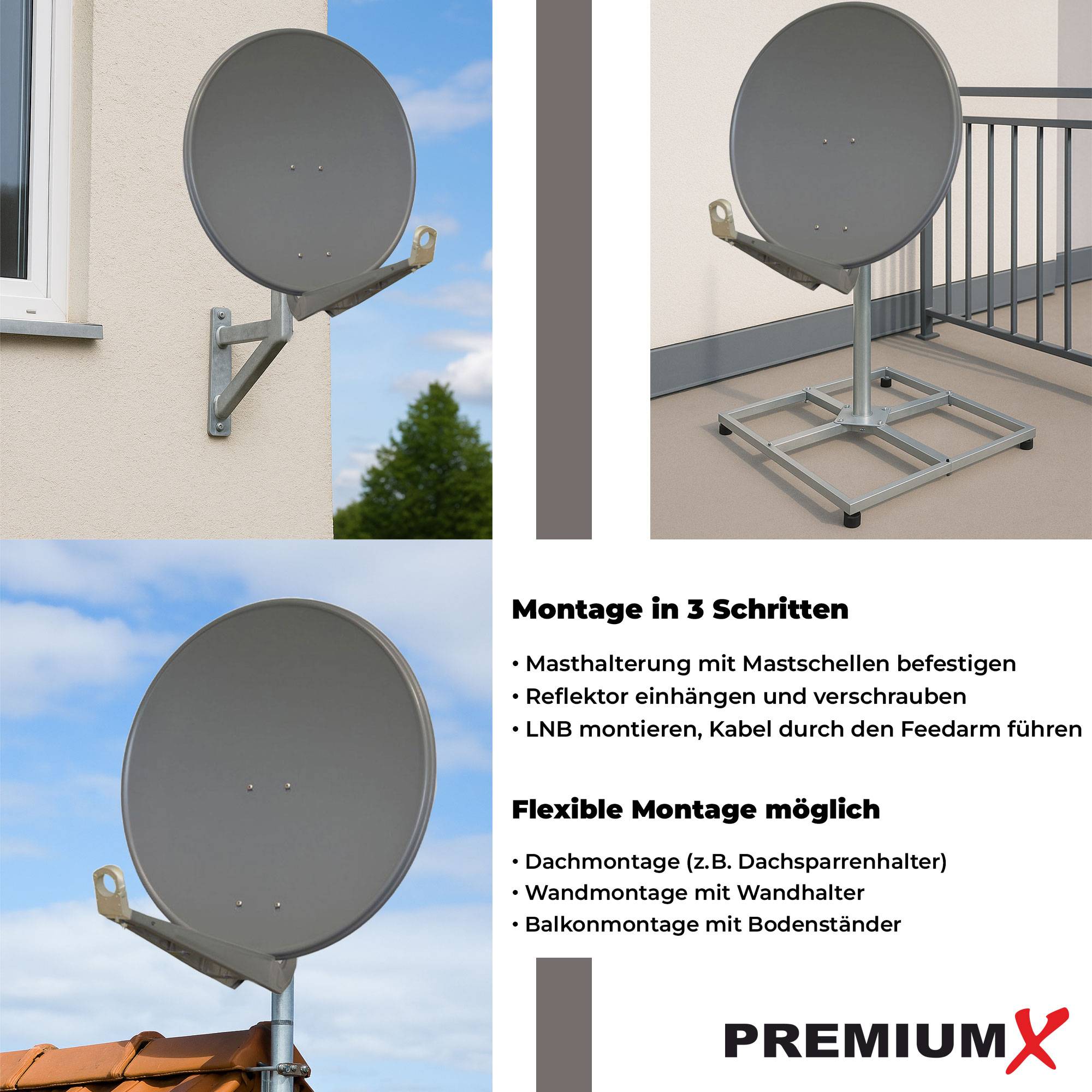 PremiumX DELUXE85 Satellitenschüssel 85 cm Sat Schüssel aus Aluminium in Anthrazit Offset Satelliten Antenne FullHD 4K UltraHD