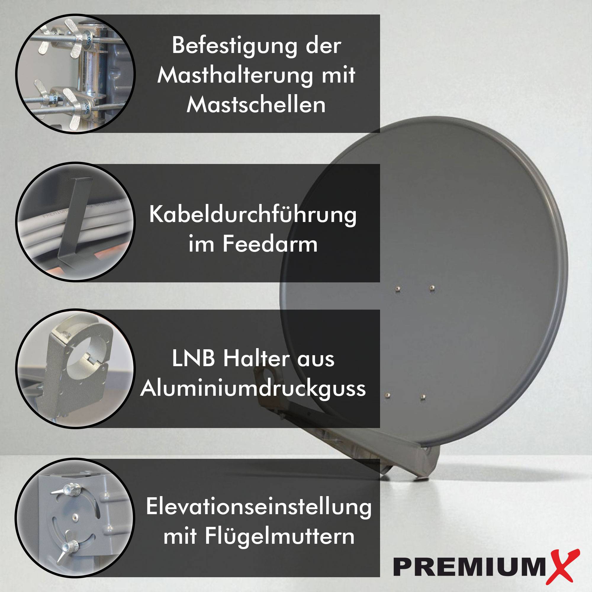 PremiumX DELUXE85 Satellitenschüssel 85 cm Sat Schüssel aus Aluminium in Anthrazit Offset Satelliten Antenne FullHD 4K UltraHD