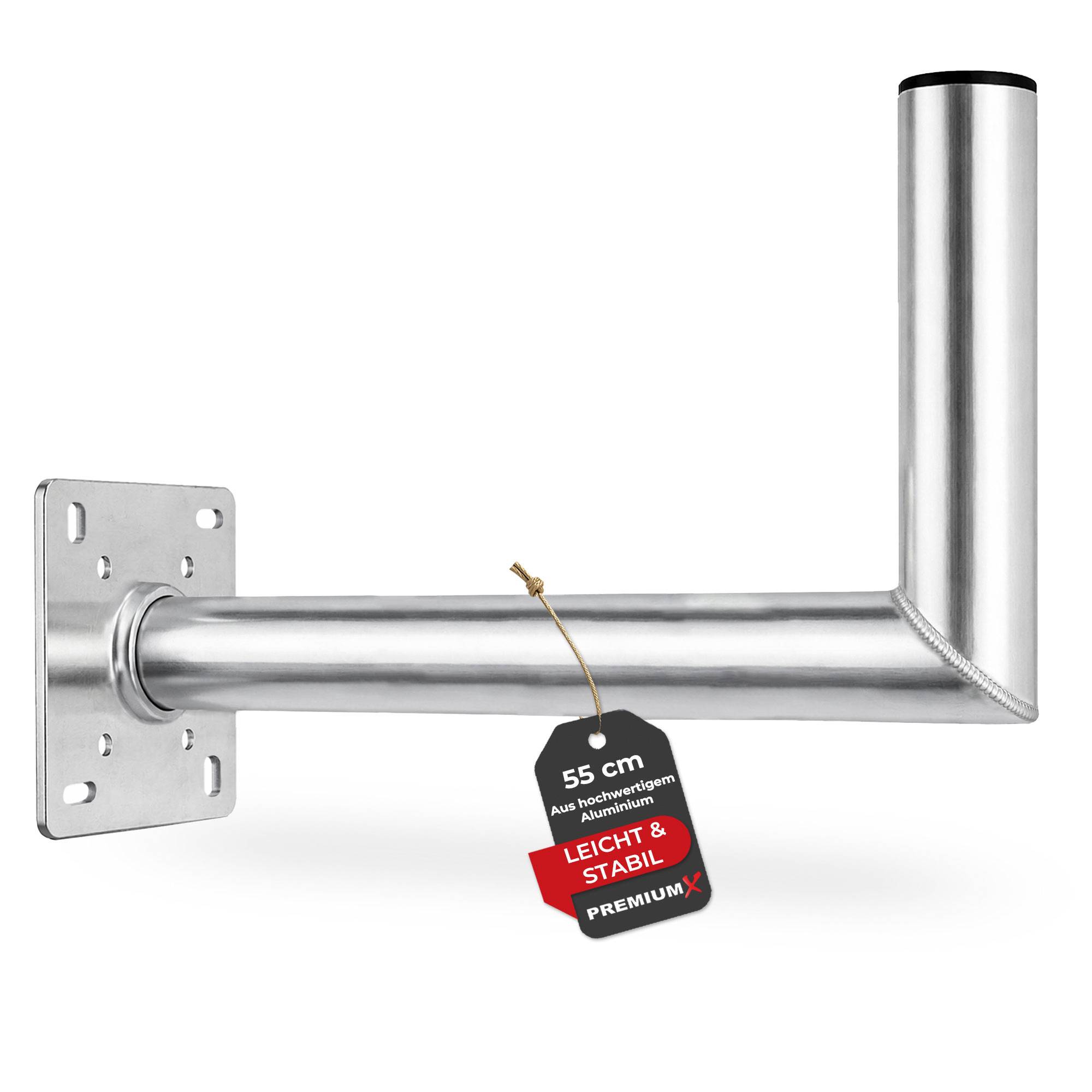 55 cm Aus Aluminium, Leicht & Stabil, Premium'; Ein silberner Metallwinkel mit einer Wandmontierplatte und einem angebrachten Etikett mit Details zu seinen Abmessungen und Eigenschaften.