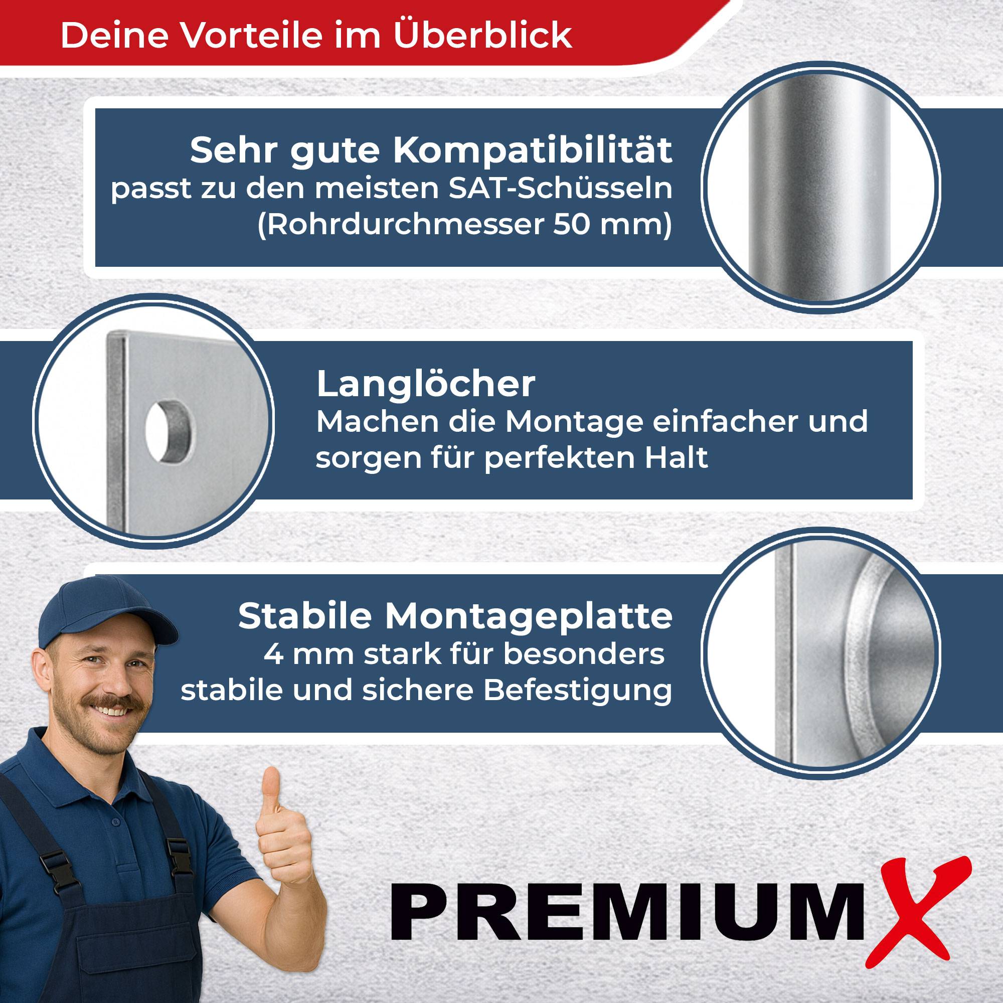 PremiumX-Produktmerkmale: Hohe Kompatibilität mit den meisten Satellitenschüsseln (50 mm Durchmesser), einfache Installation mit Langlöchern und stabile, sichere Montageplatte mit 4 mm Dicke.