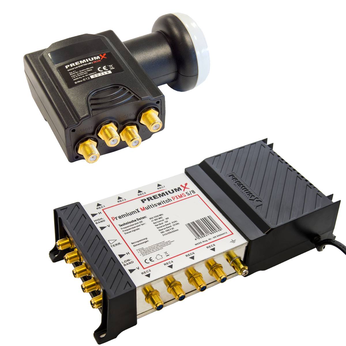 PremiumX Multischalter 5/8 Multiswitch Netzteil für 8 Teilnehmer mit Deluxe Quattro LNB 0,1dB FullHD 4K UHD 8K