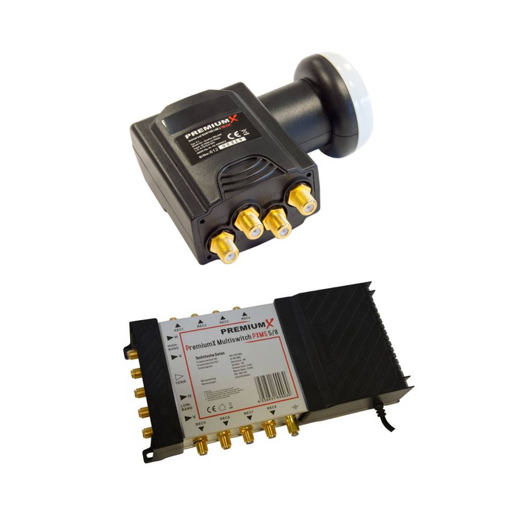 PremiumX Multischalter 5/8 Multiswitch Netzteil für 8 Teilnehmer mit Deluxe Quattro LNB 0,1dB FullHD 4K UHD 8K