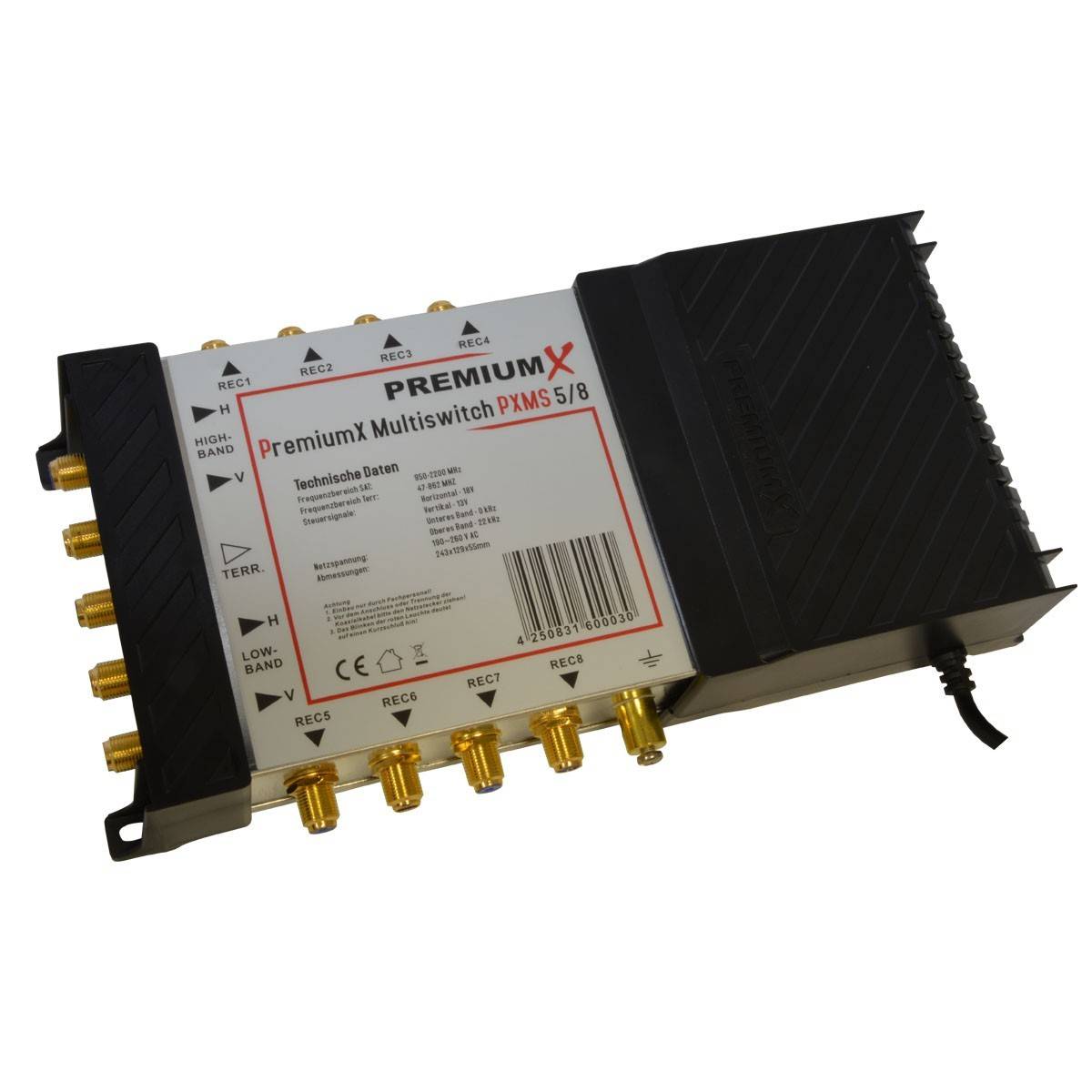 PremiumX Multischalter 5/8 Multiswitch Netzteil für 8 Teilnehmer mit Deluxe Quattro LNB 0,1dB FullHD 4K UHD 8K