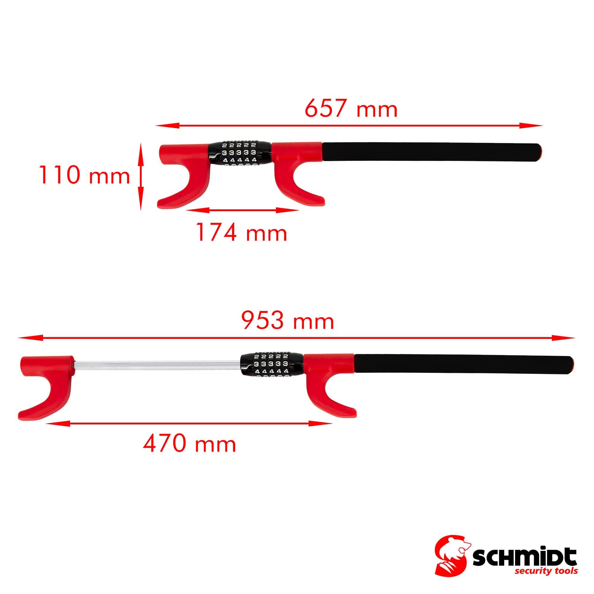 SCHMIDT security tools Lenkradkralle, Extra Langes Lenkradschloss, Wegfahrsperre, PKW Diebstahlschutz, Lenkradsperre mit schlüssellosem