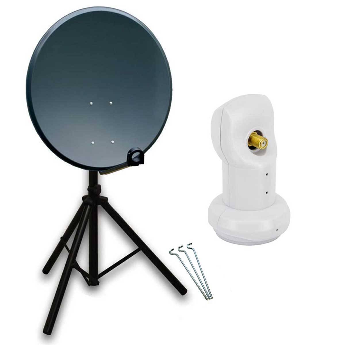 PremiumX Camping Satelliten-Komplettanlage 80cm Satellitenschüssel Aluminium SAT Single LNB Tripod Dreibein-Stativ 3x Heringe