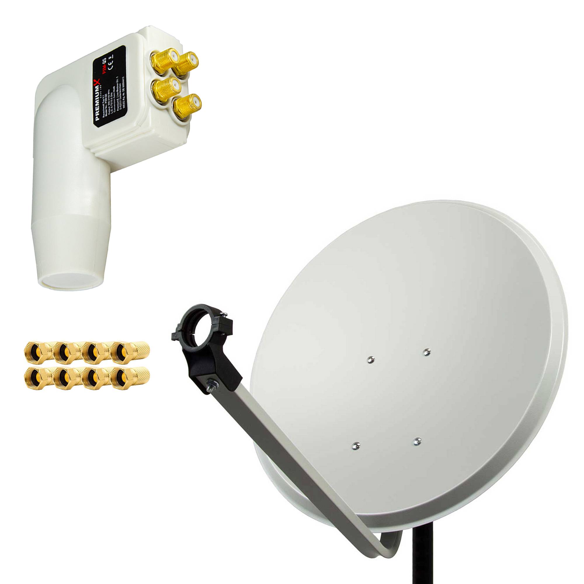 PremiumX Satelliten-Komplettanlage 60cm Satellitenschüssel SAT Antenne Satellitenantenne Quad LNB 8x F-Stecker bis 4 Teilnehmer