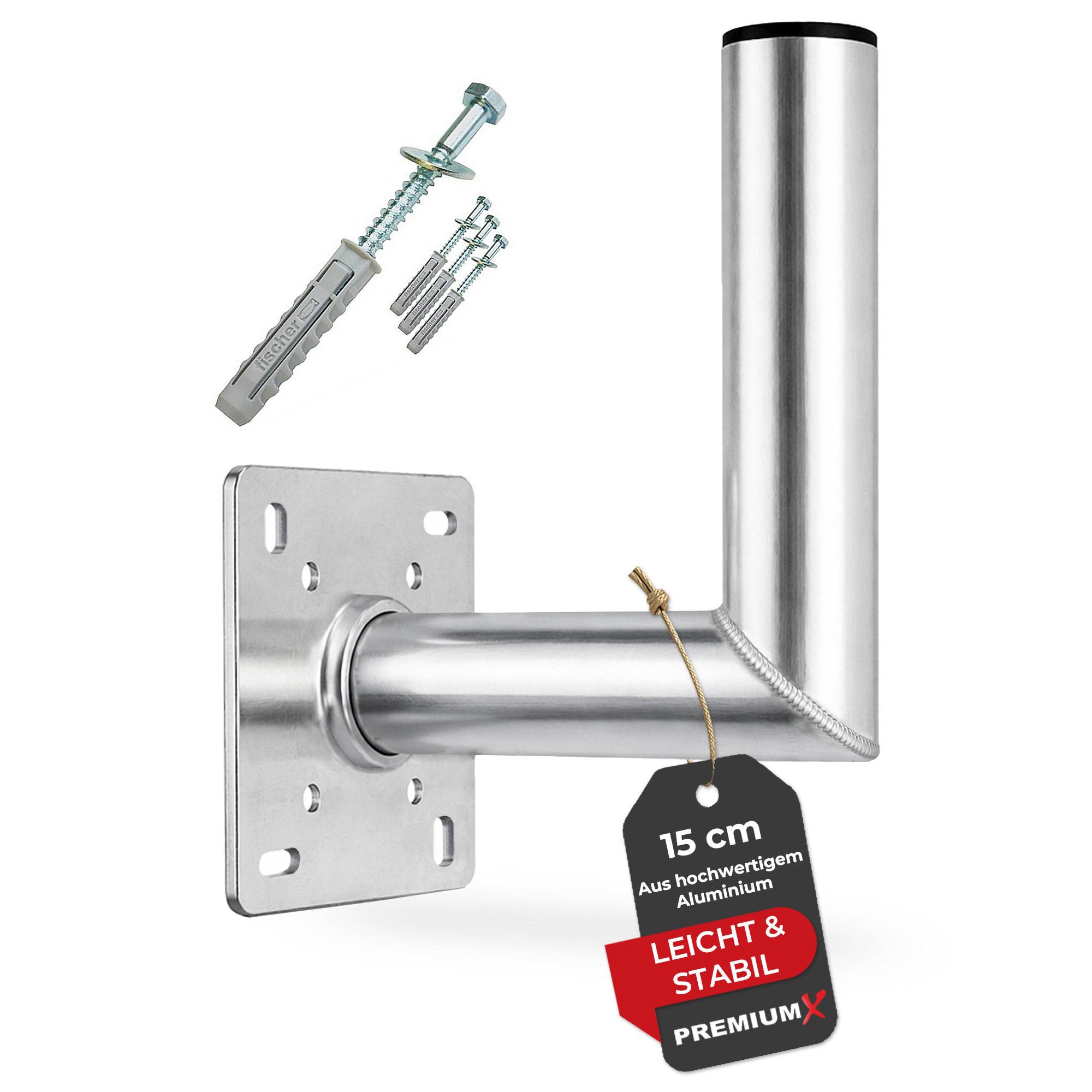 Wandmontagehalterung aus Aluminium mit Schrauben und Kunststoffanker, beschriftet „15 cm. Leicht & Stabil. Premium X.