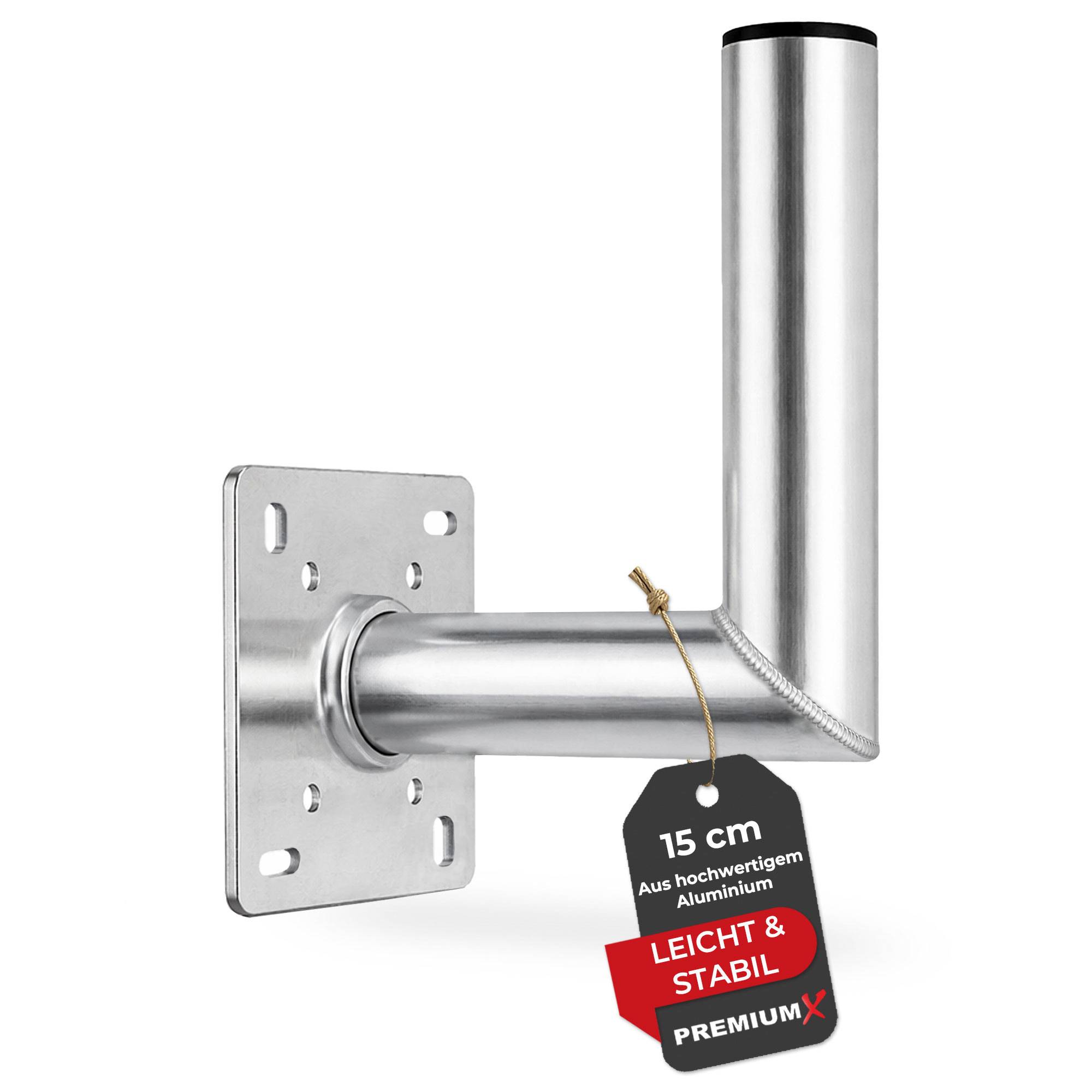 Montageklammer mit einer Wandplatte und zylindrischer Stütze für Antennen. Ein Etikett lautet „45 cm, Premium, Leicht & Stabil, Aluminium