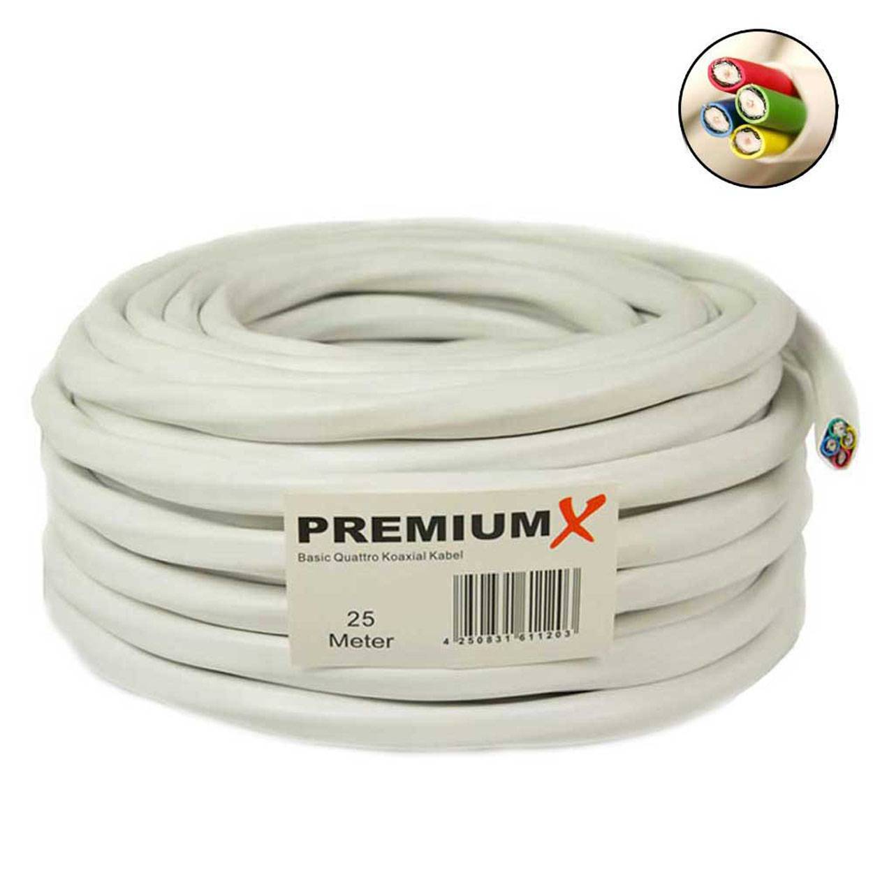 PremiumX 25m Basic Quattro Quad Koaxial SAT Kabel 90dB 2-Fach geschirmt Antennenkabel 4in1 Koaxialkabel Weiß inkl. 16x F-Stecker (1,16€/M)