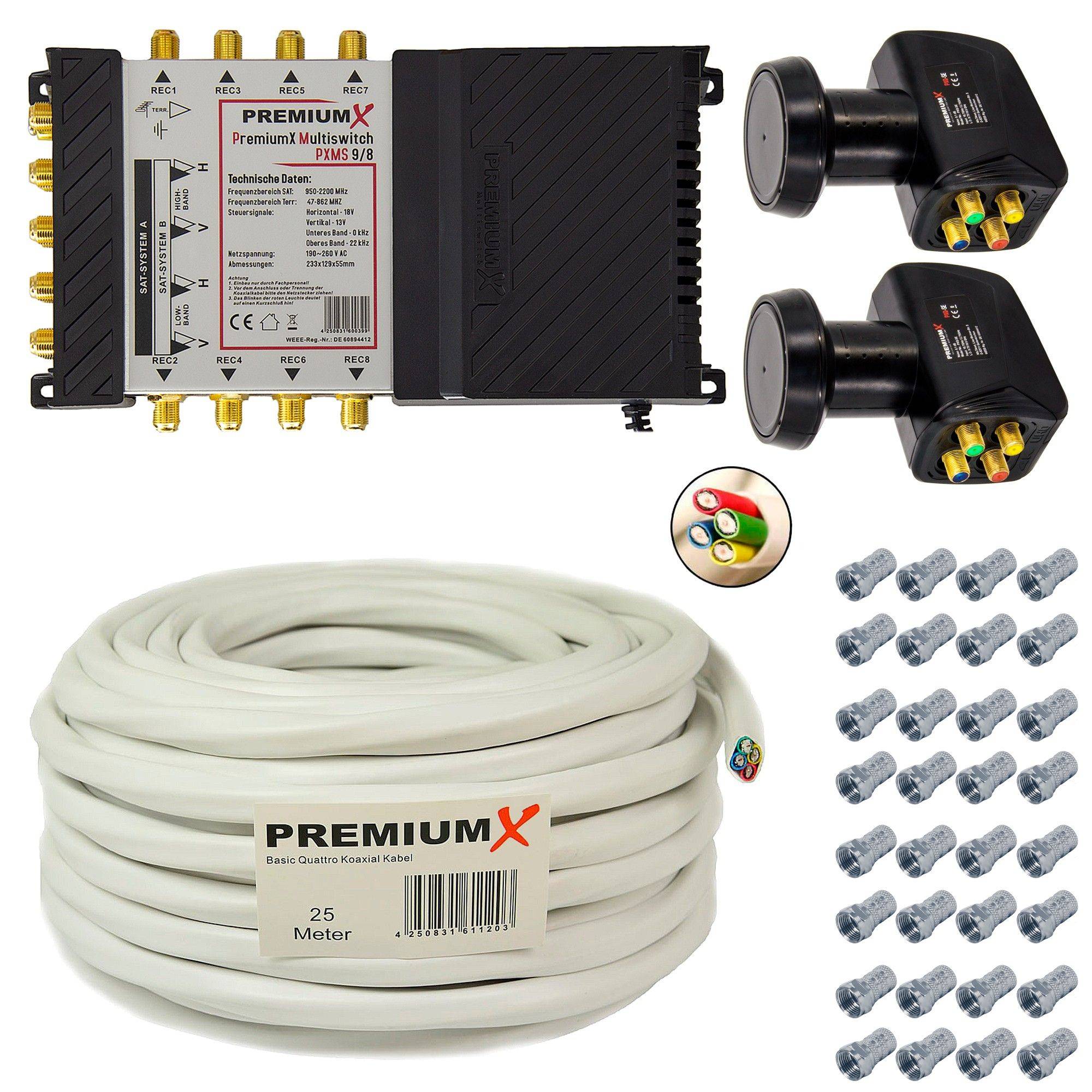PremiumX Multischalter Montage Set 9/8 Multiswitch 2x Quattro LNB 25m 4in1 Antennenkabel 32x F-Stecker, 2 SAT für 8 Teilnehmer