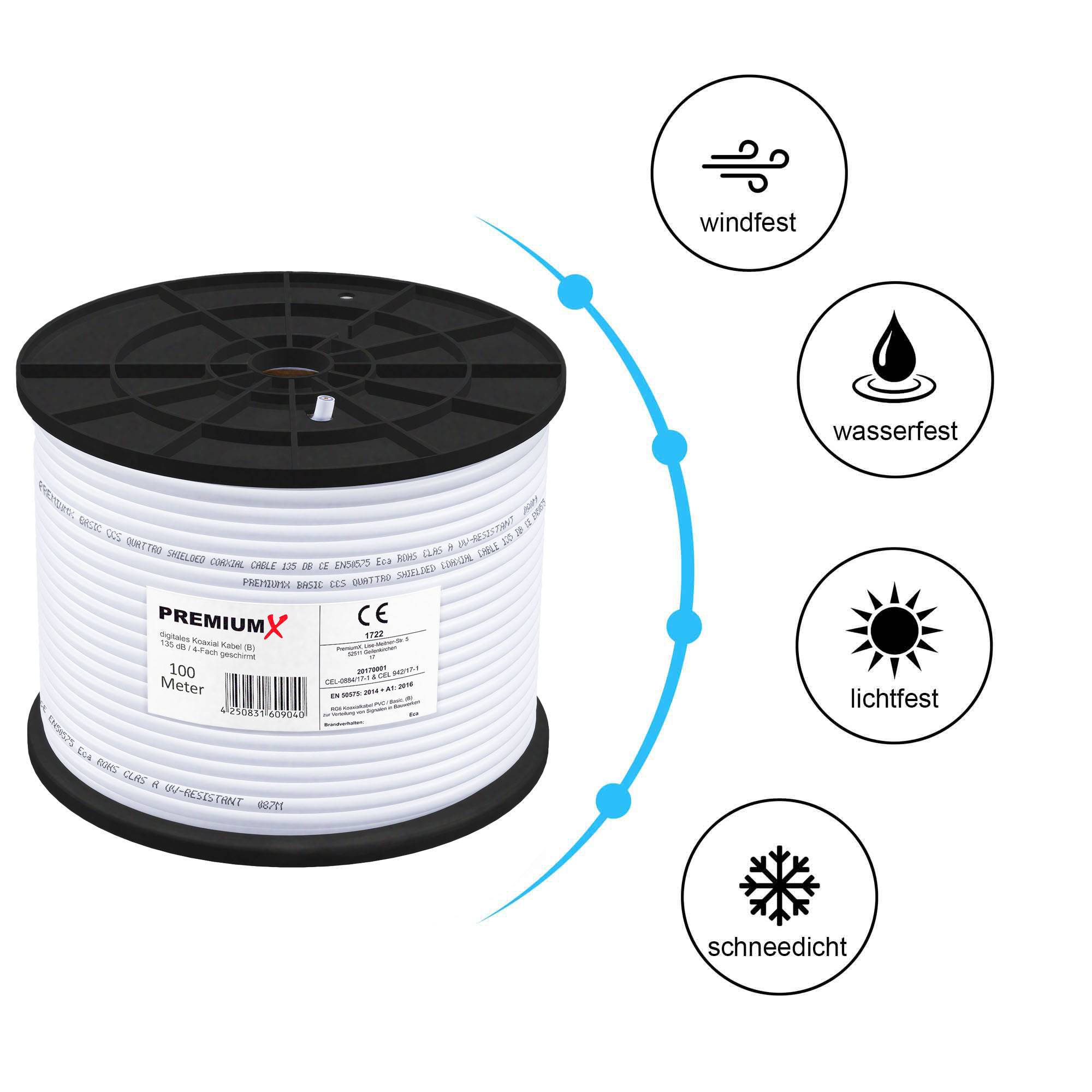 PremiumX 400m 4x 100m Antennenkabel 135dB 4-fach SAT Koaxialkabel Satellitenkabel Koaxkabel 40x F-Stecker 0,27 €/m