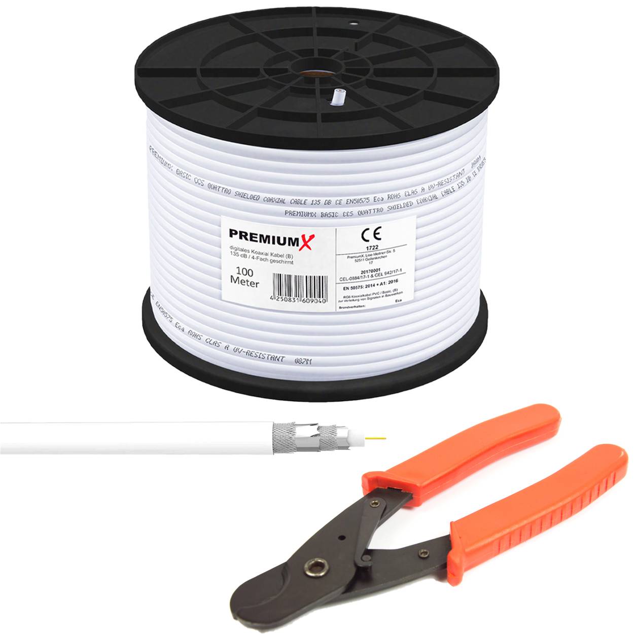 PremiumX 100m BASIC Koaxialkabel 135dB 4-fach SAT Antennenkabel Koax-Kabel Satellitenkabel RG6 Kabelschneider