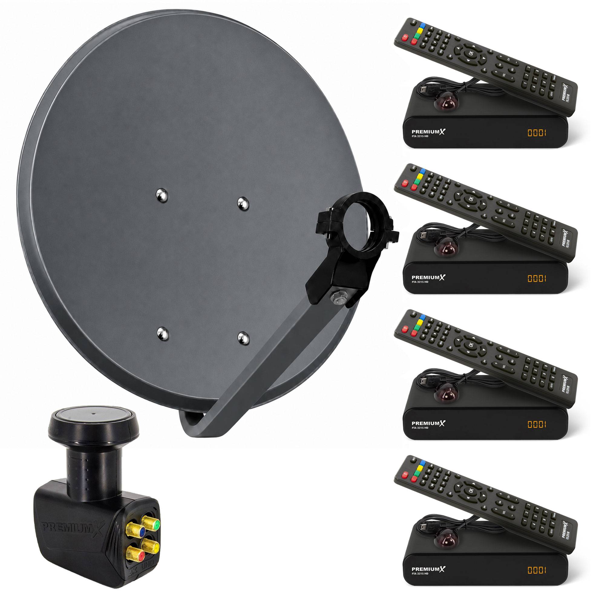 Satellitenschüssel-Halterung mit LNB-Arm und vier PremiumX-Receiverboxen mit Fernbedienungen, rechts dargestellt.