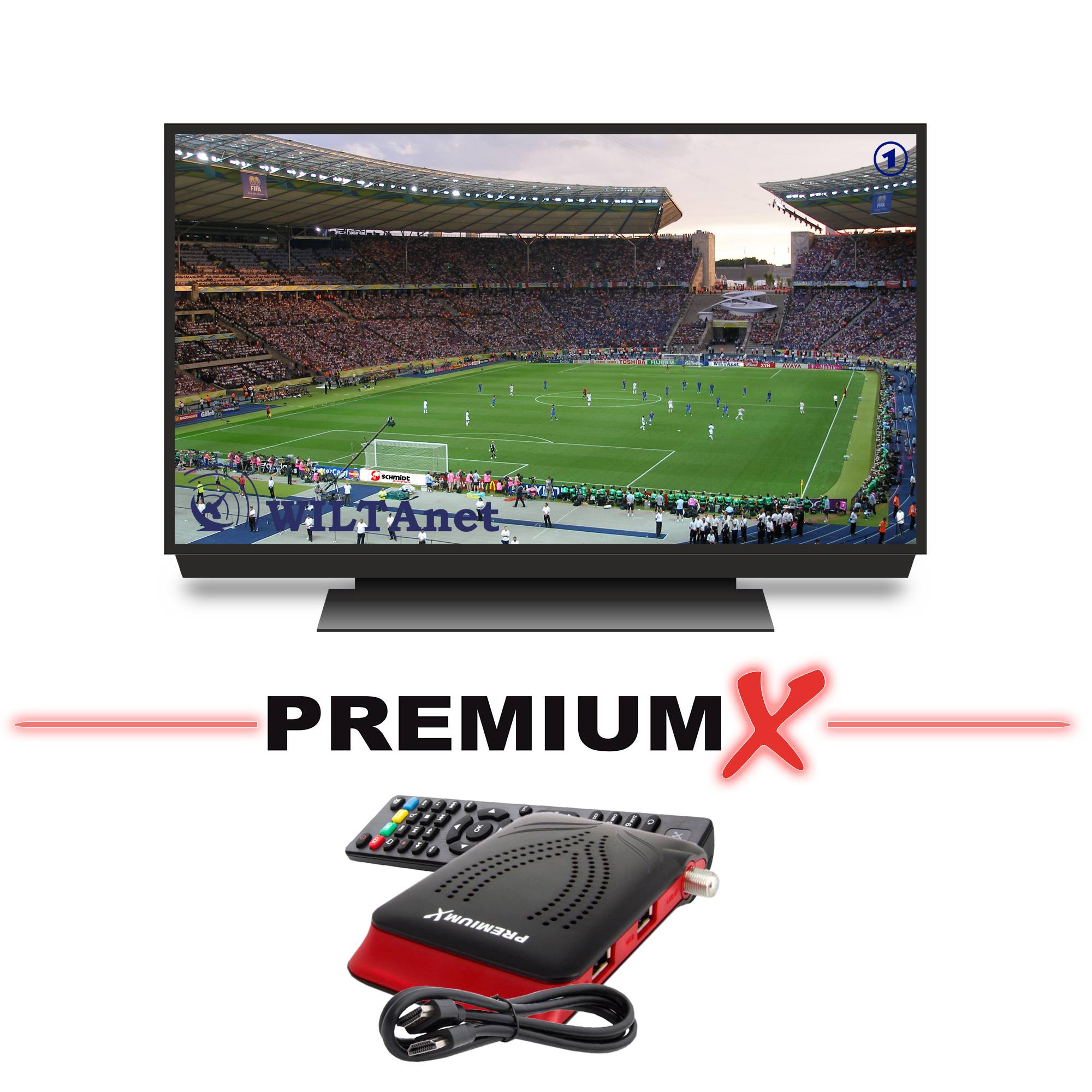 PremiumX Satelliten-Komplettanlage 4 Teilnehmer 80cm Satellitenschüssel SAT Quad LNB 4x HD TV Digital Receiver inkl. HDMI-Kabel