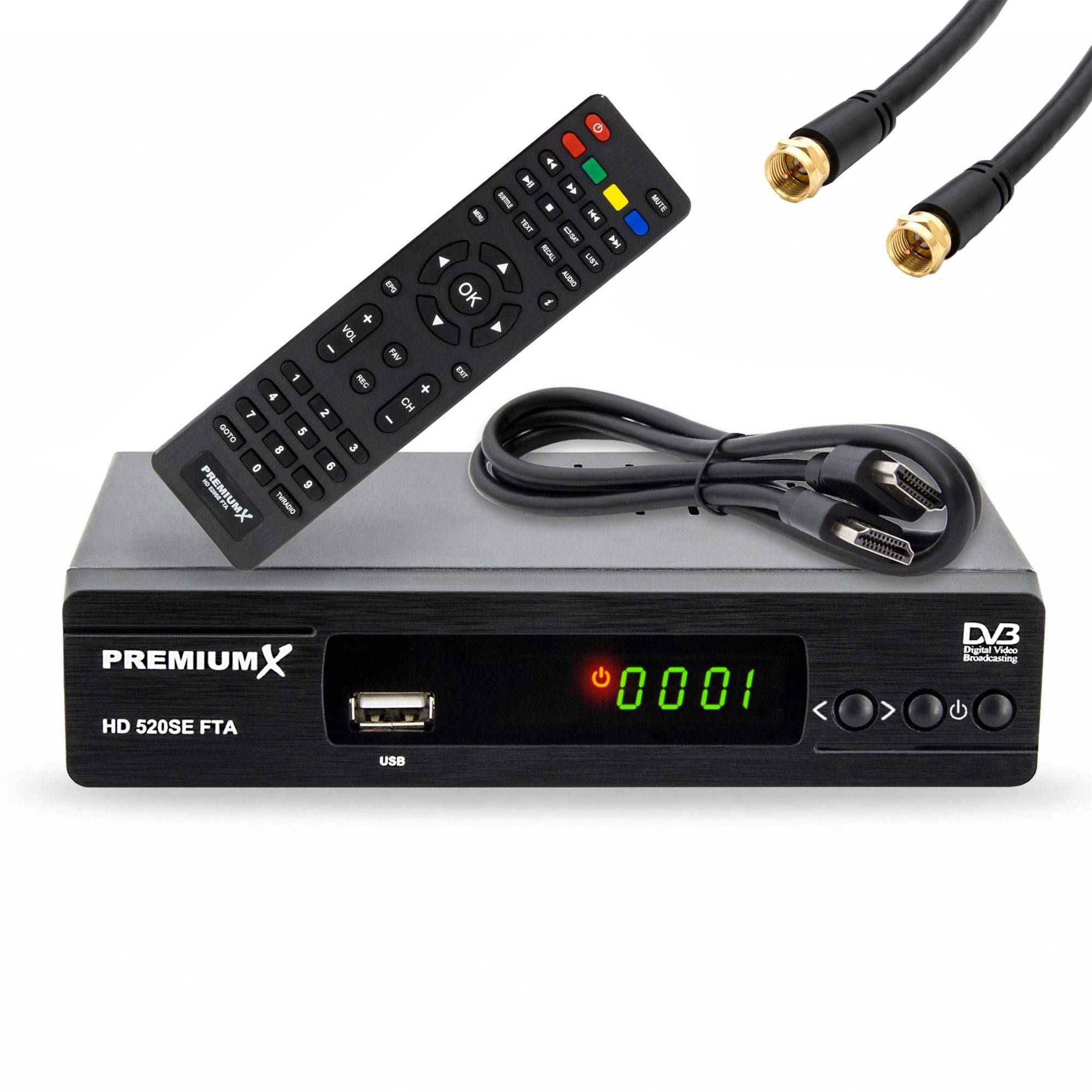 PremiumX HD 520SE-B FTA Digital Satelliten Receiver DVB-S2 FullHD SAT Empfänger HDMI SCART USB Mediaplayer Antennen-Kabel 1,5m