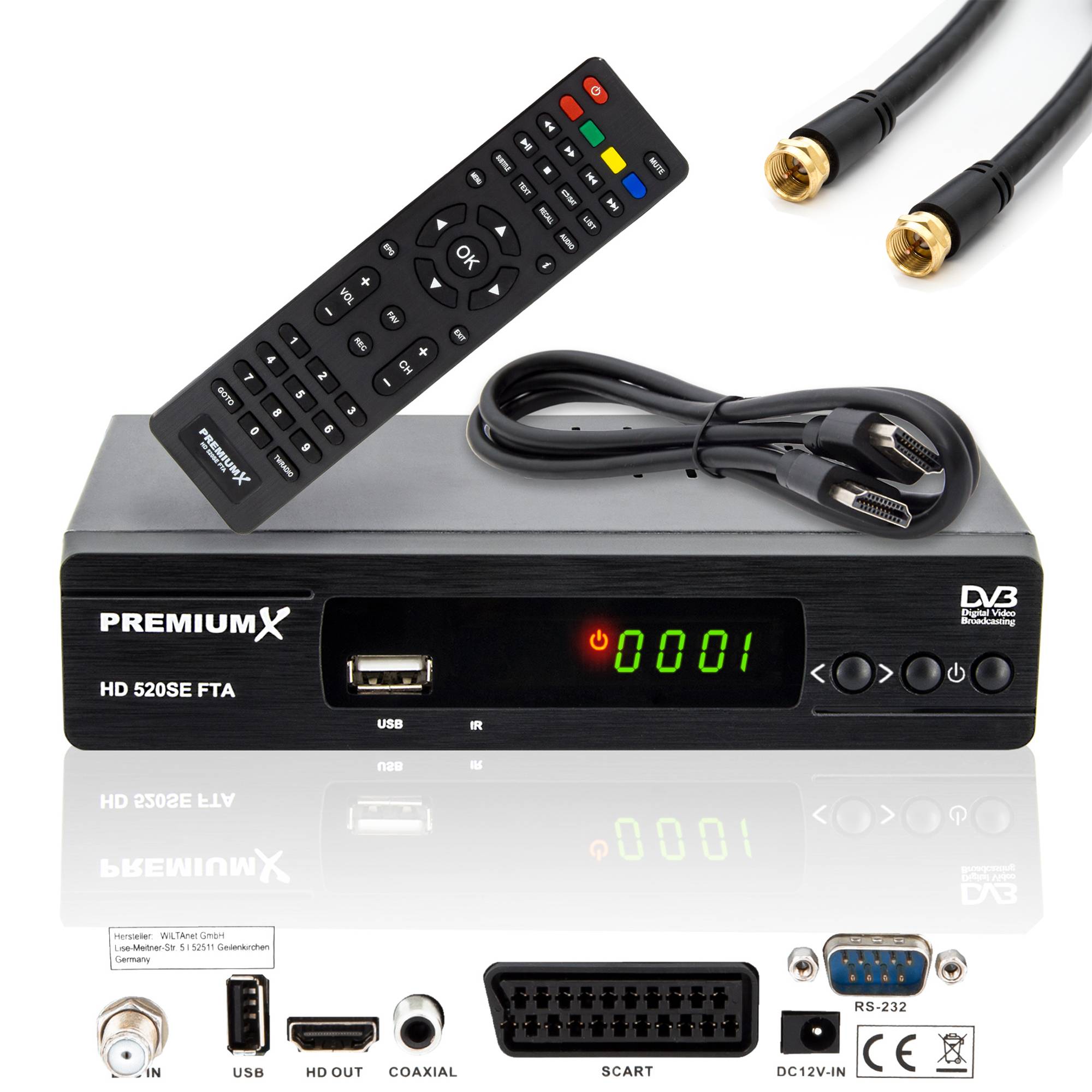 PremiumX HD 520SE-B FTA Digital Satelliten Receiver DVB-S2 FullHD SAT Empfänger HDMI SCART USB Mediaplayer Antennen-Kabel 5m