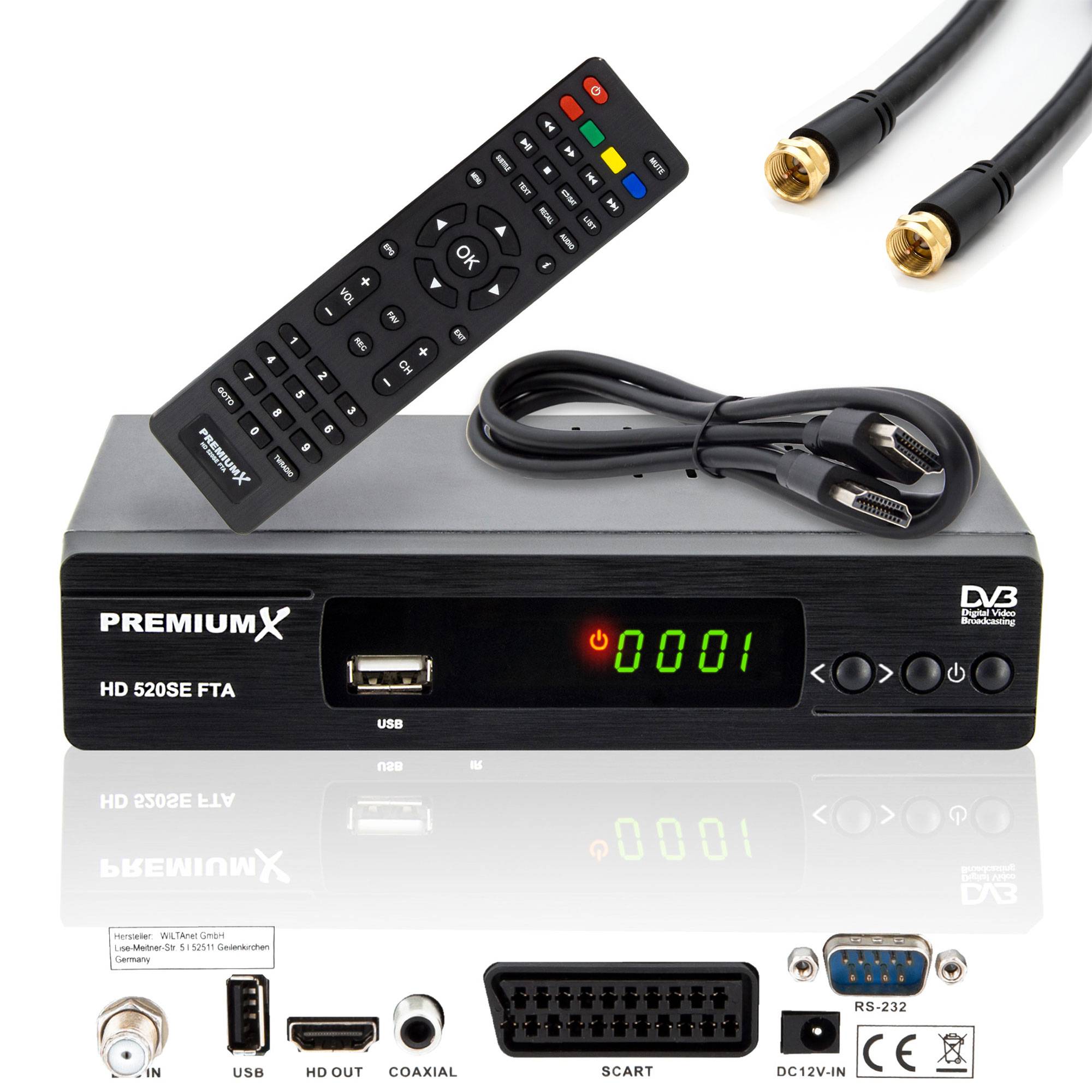 PremiumX HD 520SE-B FTA Digital Satelliten Receiver DVB-S2 FullHD SAT Empfänger HDMI SCART USB Mediaplayer Antennen-Kabel 1,5m