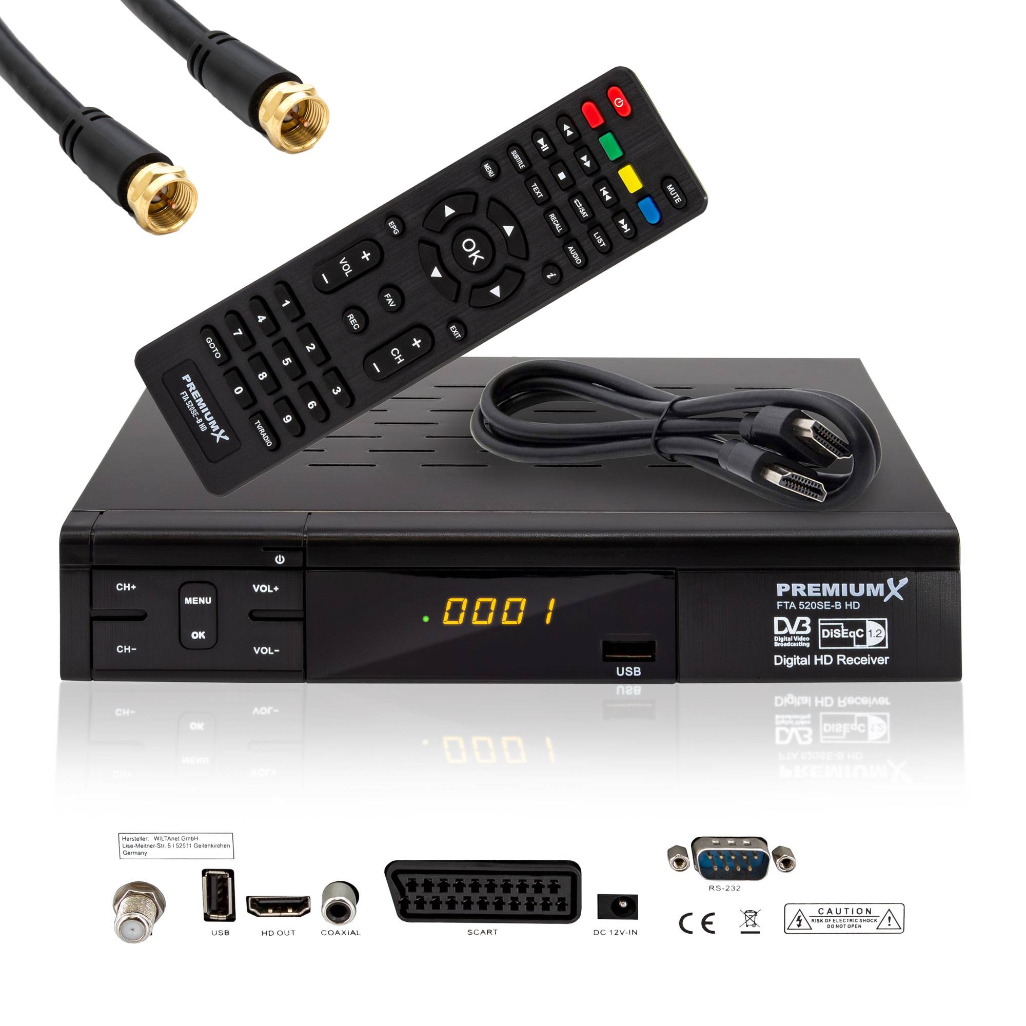 PremiumX HD 520SE-B FTA Digital Satelliten Receiver DVB-S2 FullHD SAT Empfänger HDMI SCART USB Mediaplayer Antennen-Kabel 5m