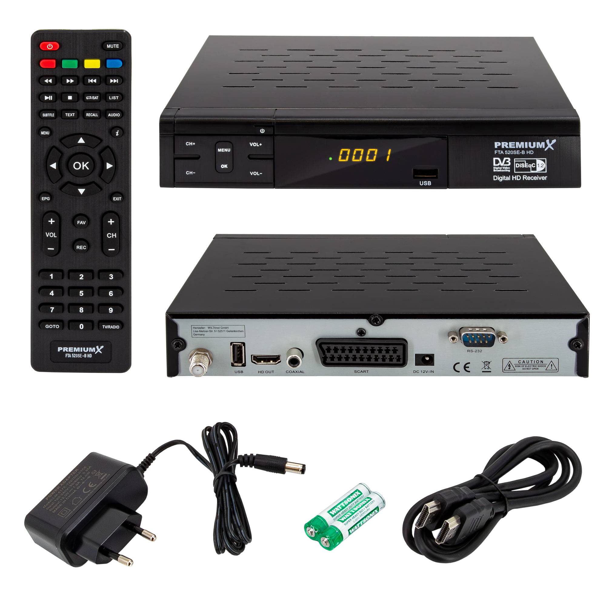 PremiumX HD 520SE-B FTA Digital Satelliten Receiver DVB-S2 FullHD SAT Empfänger HDMI SCART USB Mediaplayer Antennen-Kabel 5m