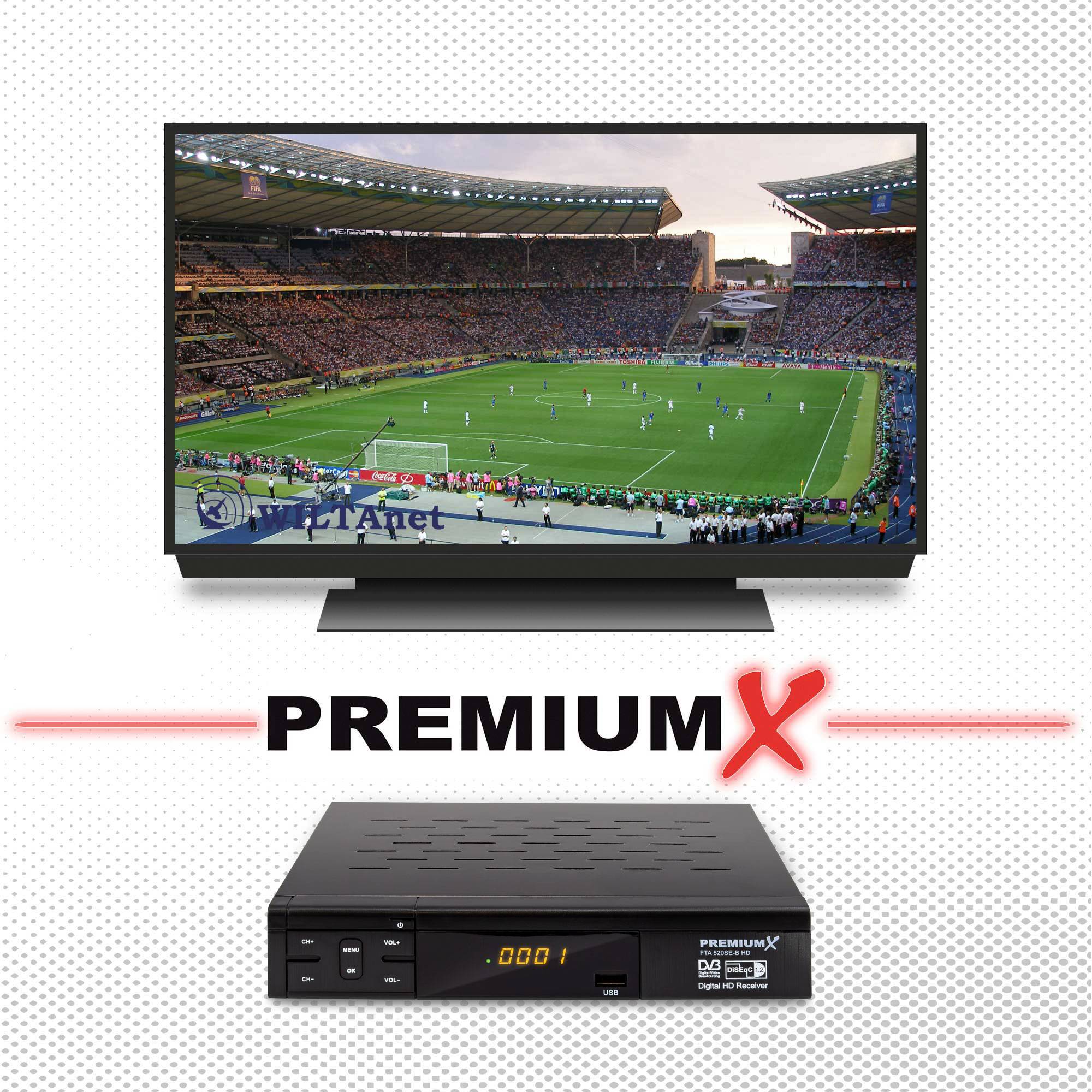 PremiumX HD 520SE-B FTA Digital Satelliten Receiver DVB-S2 FullHD SAT Empfänger HDMI SCART USB Mediaplayer Antennen-Kabel 5m