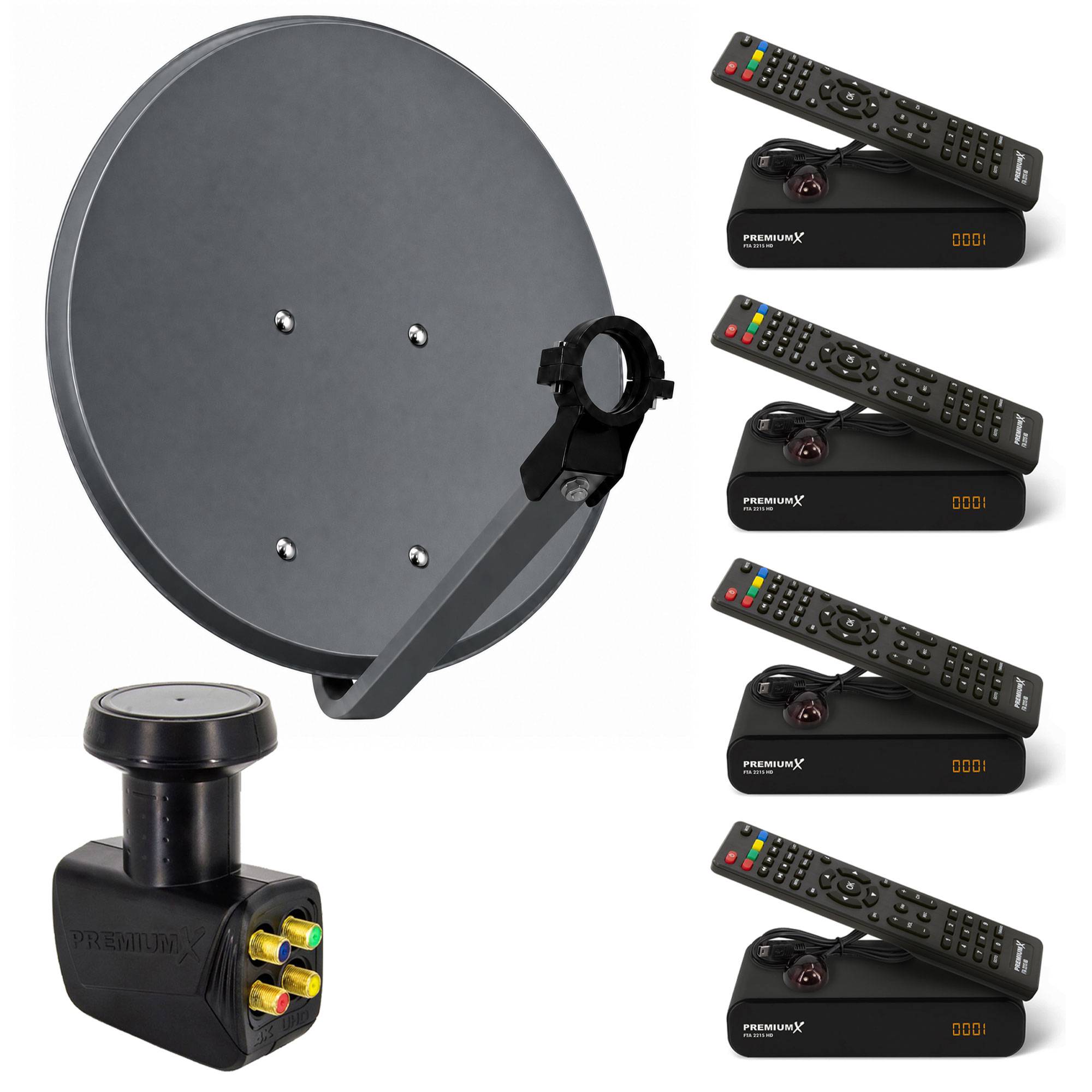 Satellitenschüsselantennen mit Montagearm und Empfänger; vier Set-Top-Boxen mit Fernbedienungen werden daneben gezeigt, was ein TV-Satellitenausrüstungspaket anzeigt.