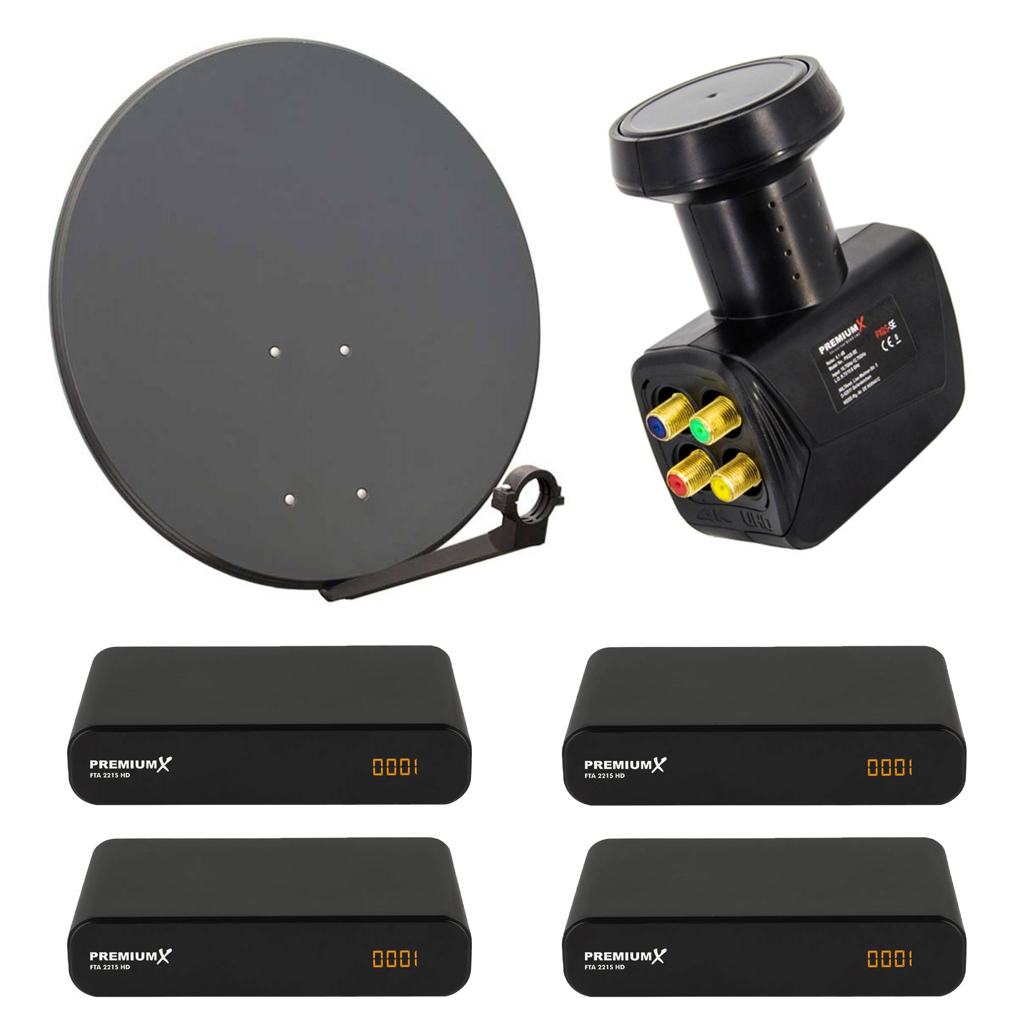 PremiumX Satelliten-Komplettanlage 60cm Antenne Anthrazit Quad LNB für 4 Teilnehmer 4x DVB-S2 SAT TV Receiver FullHD