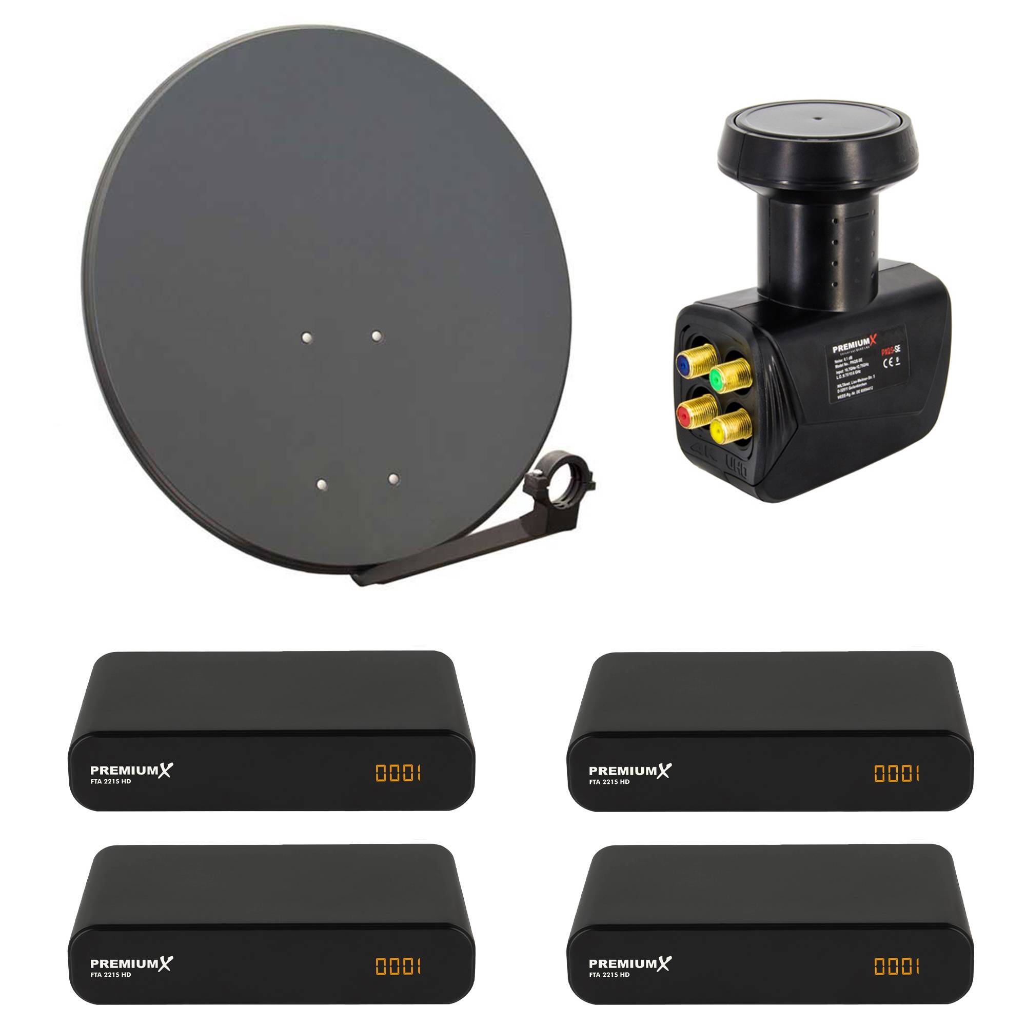 PremiumX Satelliten-Komplettanlage 4 Teilnehmer 80cm Satellitenschüssel SAT Quad LNB 4x HD TV Digital Receiver inkl. HDMI-Kabel