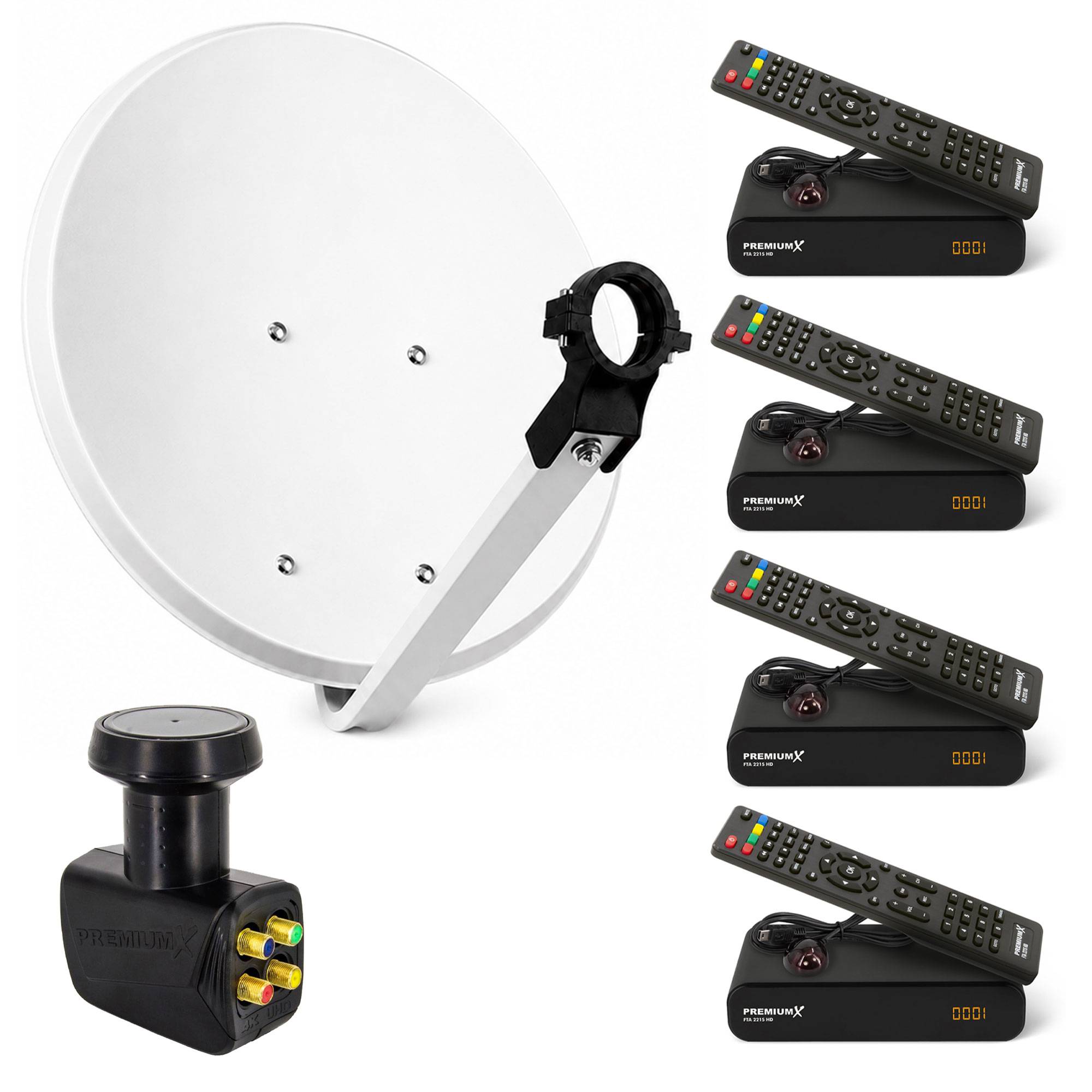 Weiß-schwarze Satellitenschüssel-Antennenanlage mit Montagebügel, Koaxialstecker-Einheit und vier schwarzen Receiver-Boxen mit Fernbedienungen.