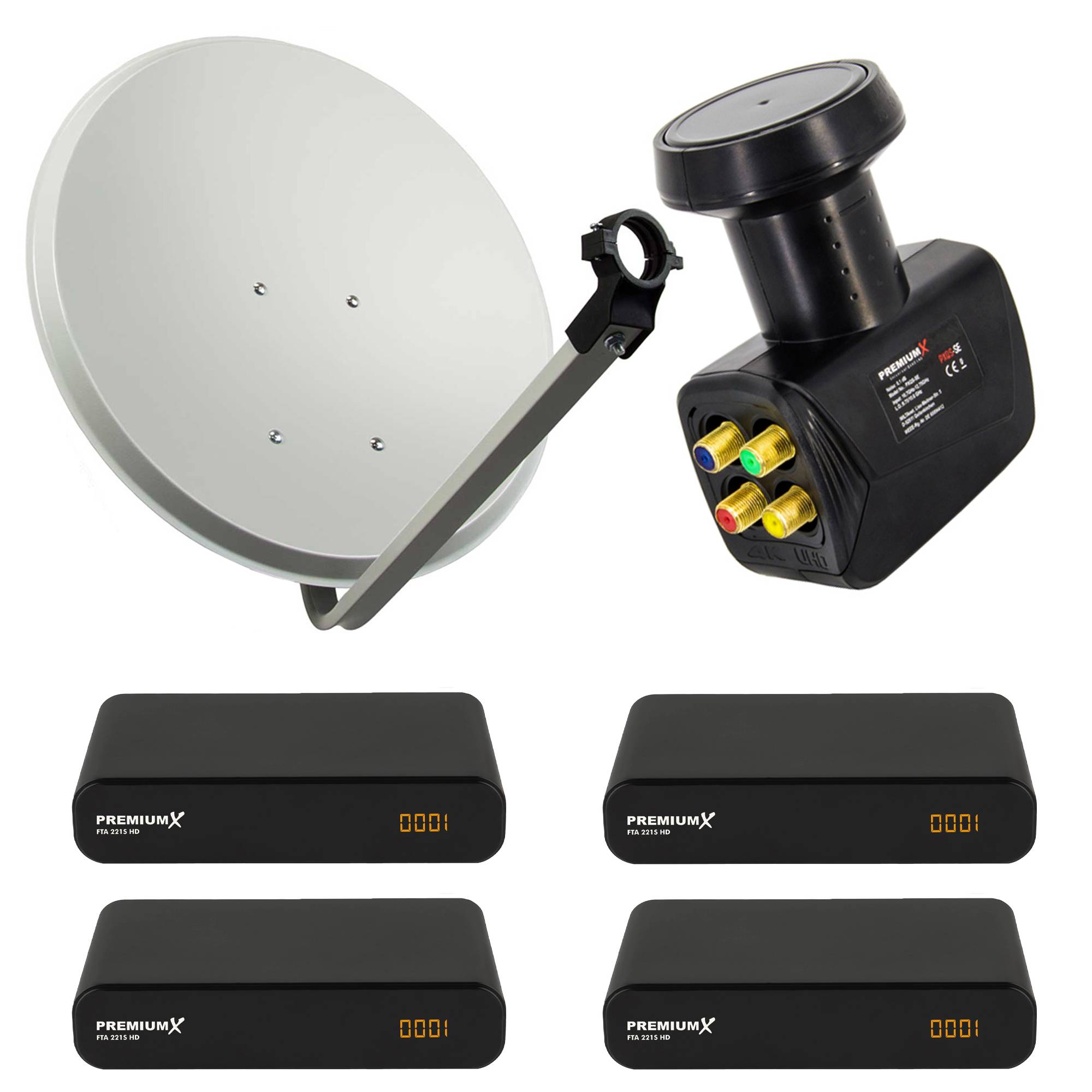 PremiumX Satelliten-Komplettanlage 60cm Antenne Hellgrau Quad LNB bis 4 Teilnehmer 4x DVB-S2 SAT TV Receiver FullHD HDMI-Kabel