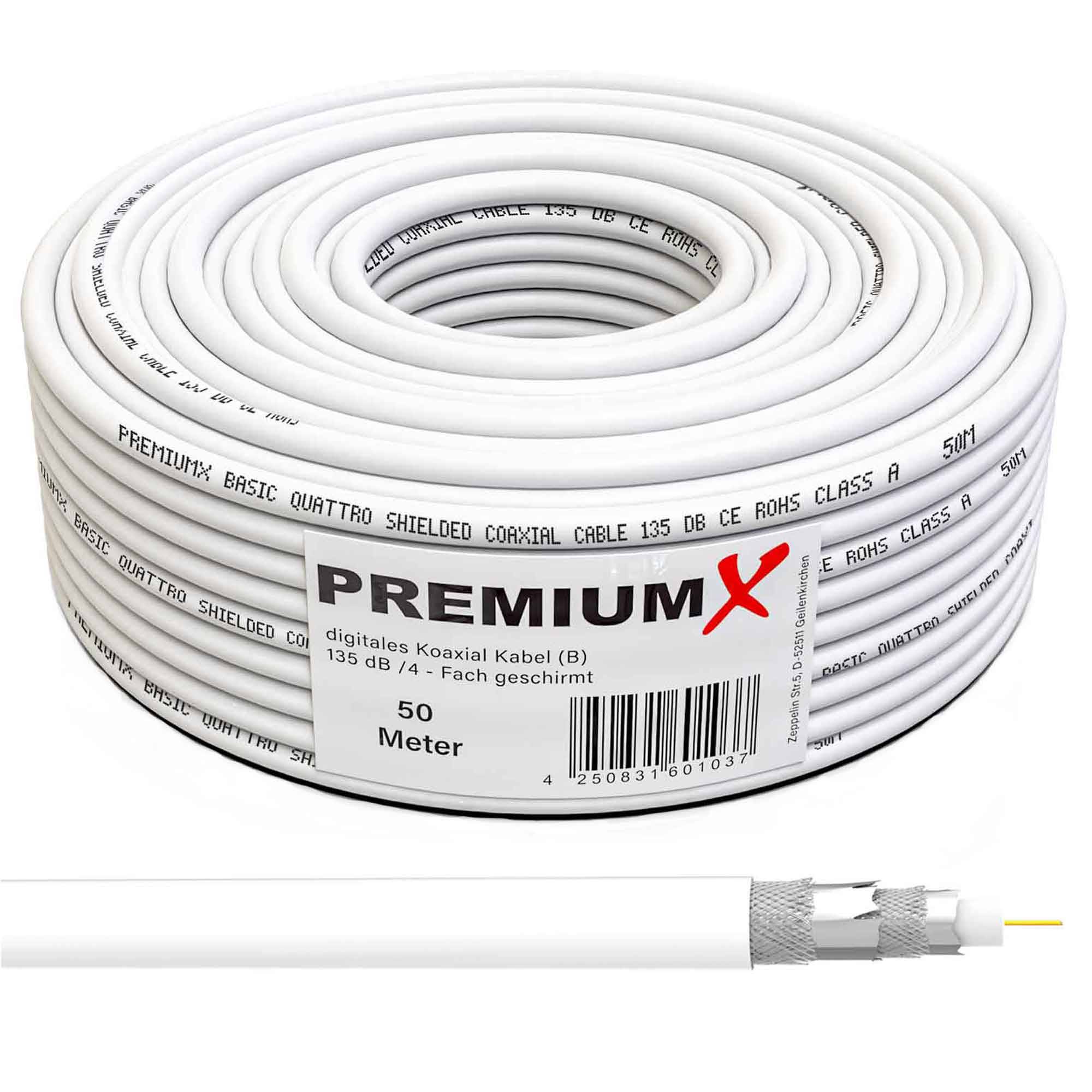 PremiumX 50m BASIC Koaxialkabel 135dB 4-fach geschirmt CCS Kupfer-Stahl Satelliten Koaxkabel Antennenkabel Digital SAT TV Kabel