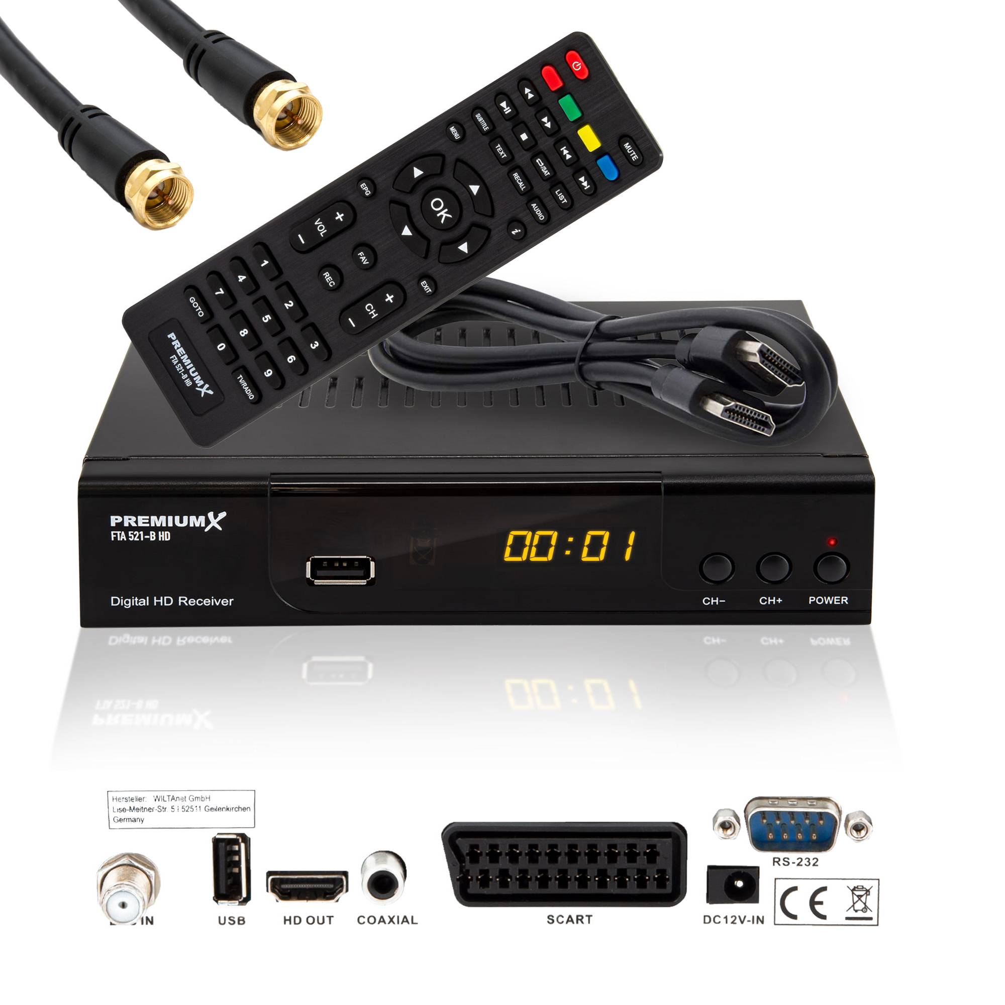 PremiumX HD 521 B FTA Digital TV SAT Receiver DVB-S2 FullHD Satelliten Empfänger HDMI SCART USB Mediaplayer Antennenkabel, Vorprogrammiert