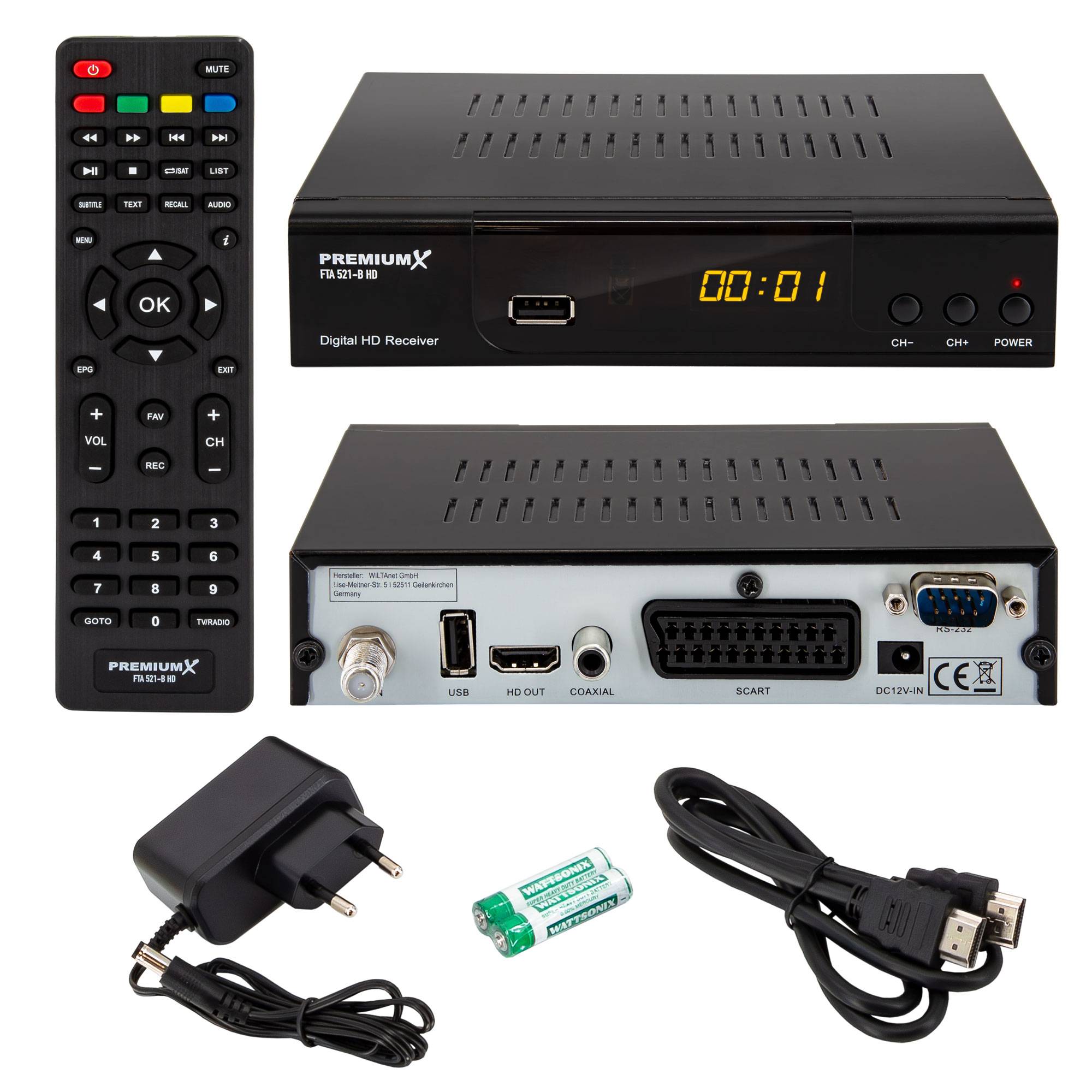 PremiumX HD 521 B FTA Digital TV SAT Receiver DVB-S2 FullHD Satelliten Empfänger HDMI SCART USB Mediaplayer Antennenkabel, Vorprogrammiert