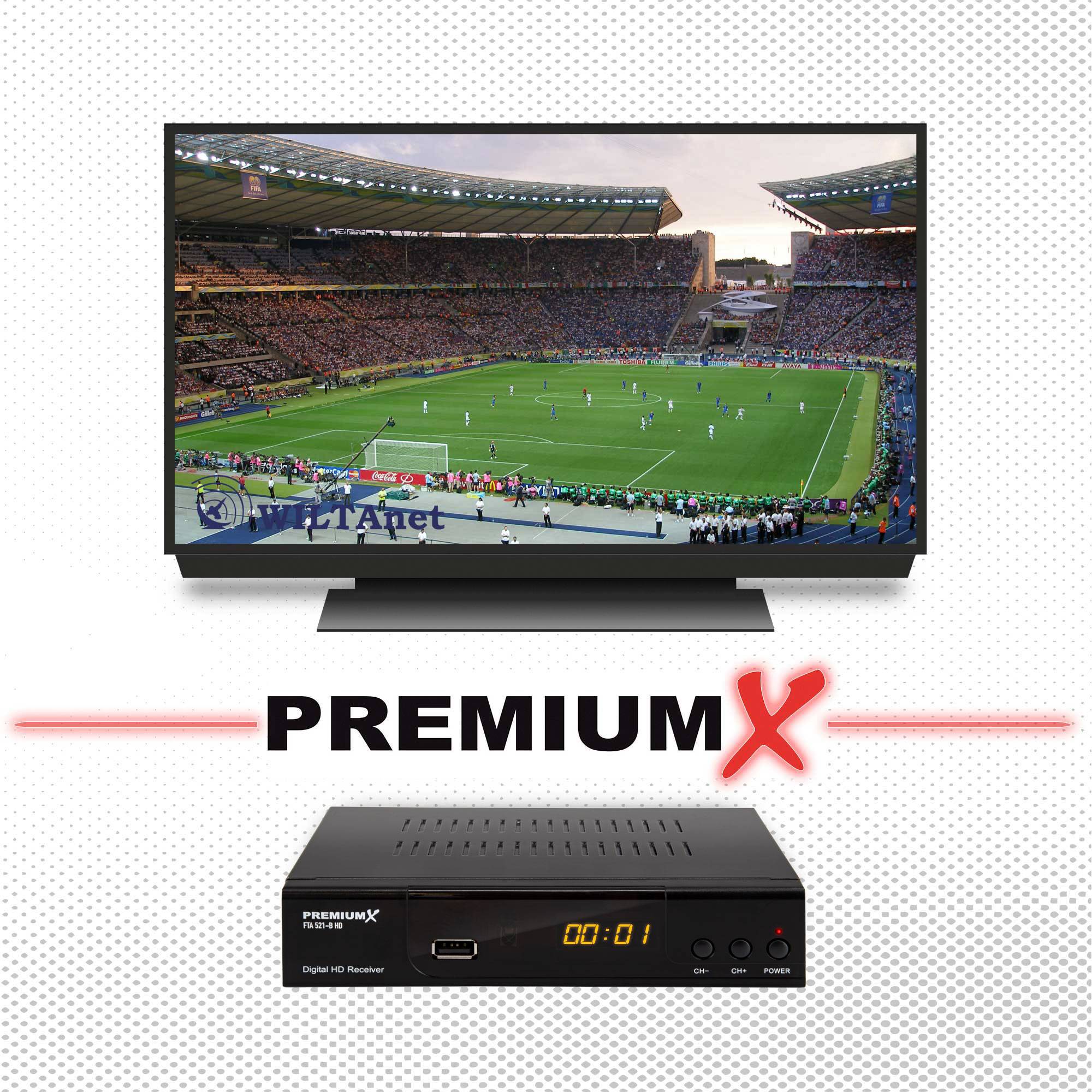 PremiumX HD 521 B FTA Digital TV SAT Receiver DVB-S2 FullHD Satelliten Empfänger HDMI SCART USB Mediaplayer Antennenkabel, Vorprogrammiert