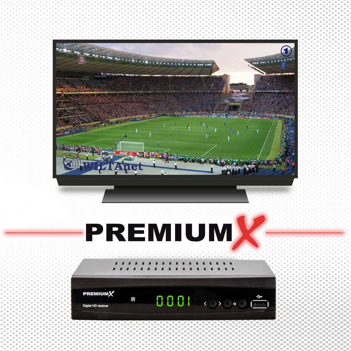 PremiumX Satelliten-Receiver HD 521 FTA Digital SAT TV-Receiver DVB-S2 FullHD HDMI SCART 2x USB Multimedia-Player, 12V externe Netzteil