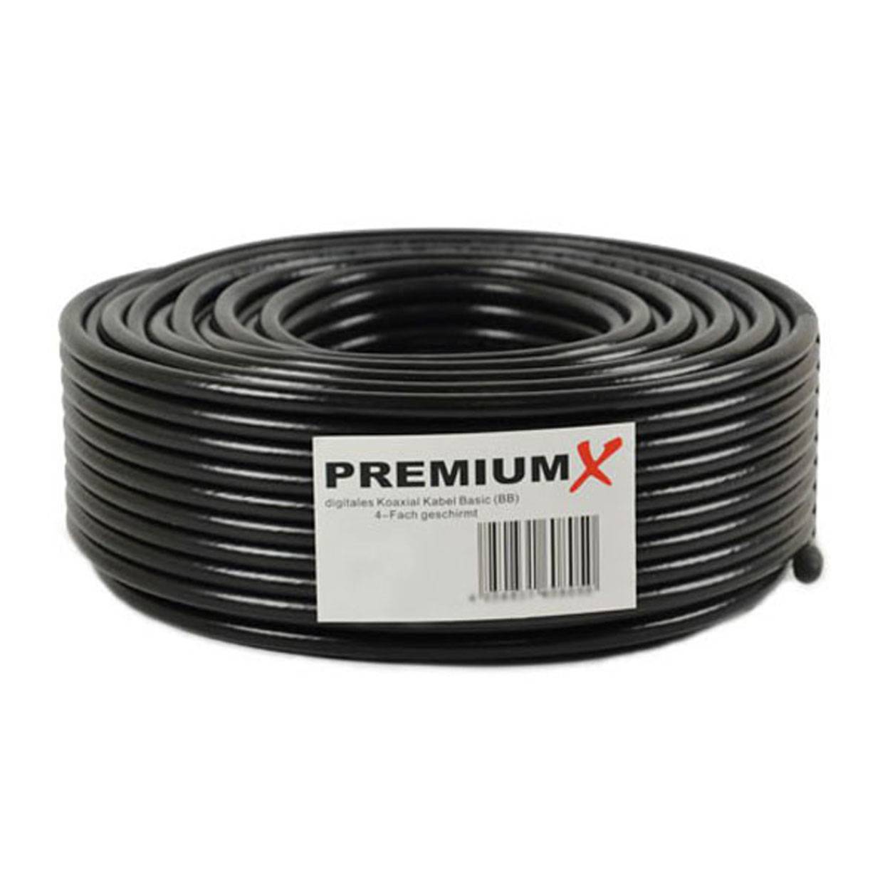 PremiumX 50m BASIC Koaxialkabel schwarz 135dB 4-fach geschirmt CCS SAT TV Koax RG6 Antennenkabel Satelliten-Kabel