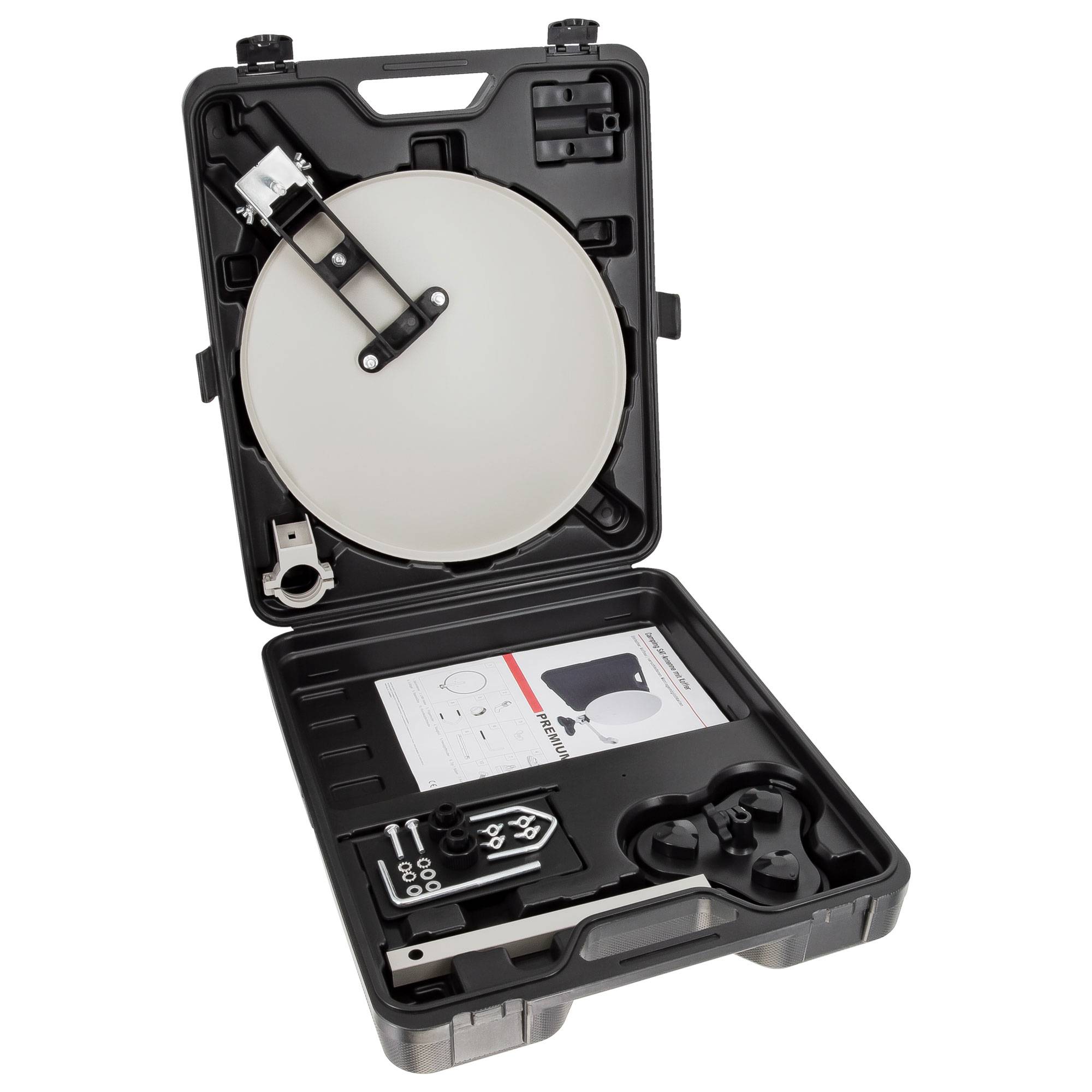 PremiumX mobile Camping Satelliten-Schüssel Antenne Saugfuß Masthalter Tischhalter kompakt Koffer SAT TV Zubehör