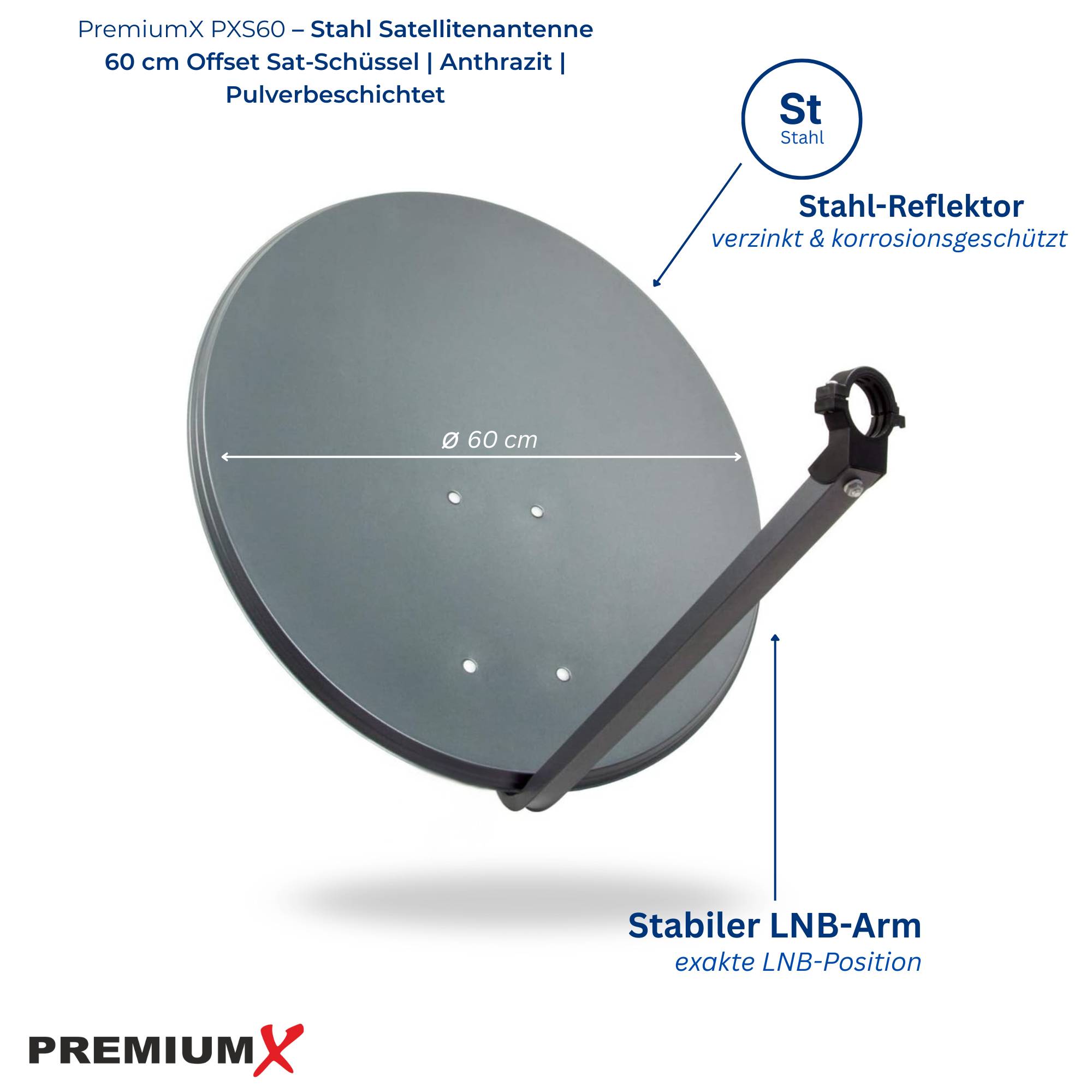 Produktabbildung einer 60 cm anthrazitfarbenen Stahlparabolantenne mit verzinktem Reflektor und stabilem LNB-Arm; beschriftete Merkmale auf Deutsch.
