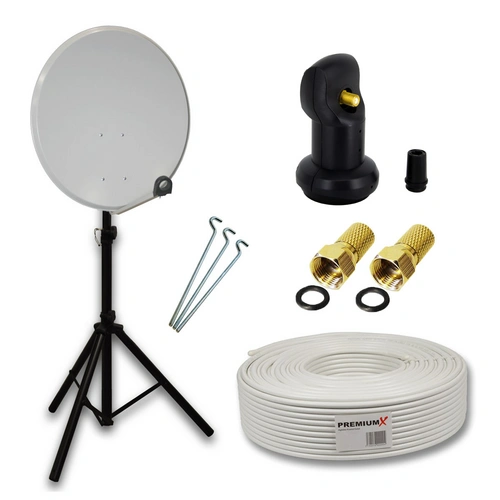 PremiumX Camping Sat Anlage 45cm Satelliten-Schüssel Antenne Single LNB 4K 10m Kabel 2x F-Stecker Dreibein Stativ Schwarz Wohnwagen PremiumX Camping Sat Anlage 45cm Satelliten-Schüssel Antenne Single LNB 4K 10m Kabel 2x F-Stecker Dreibein Stativ Schwarz Wohnwagen