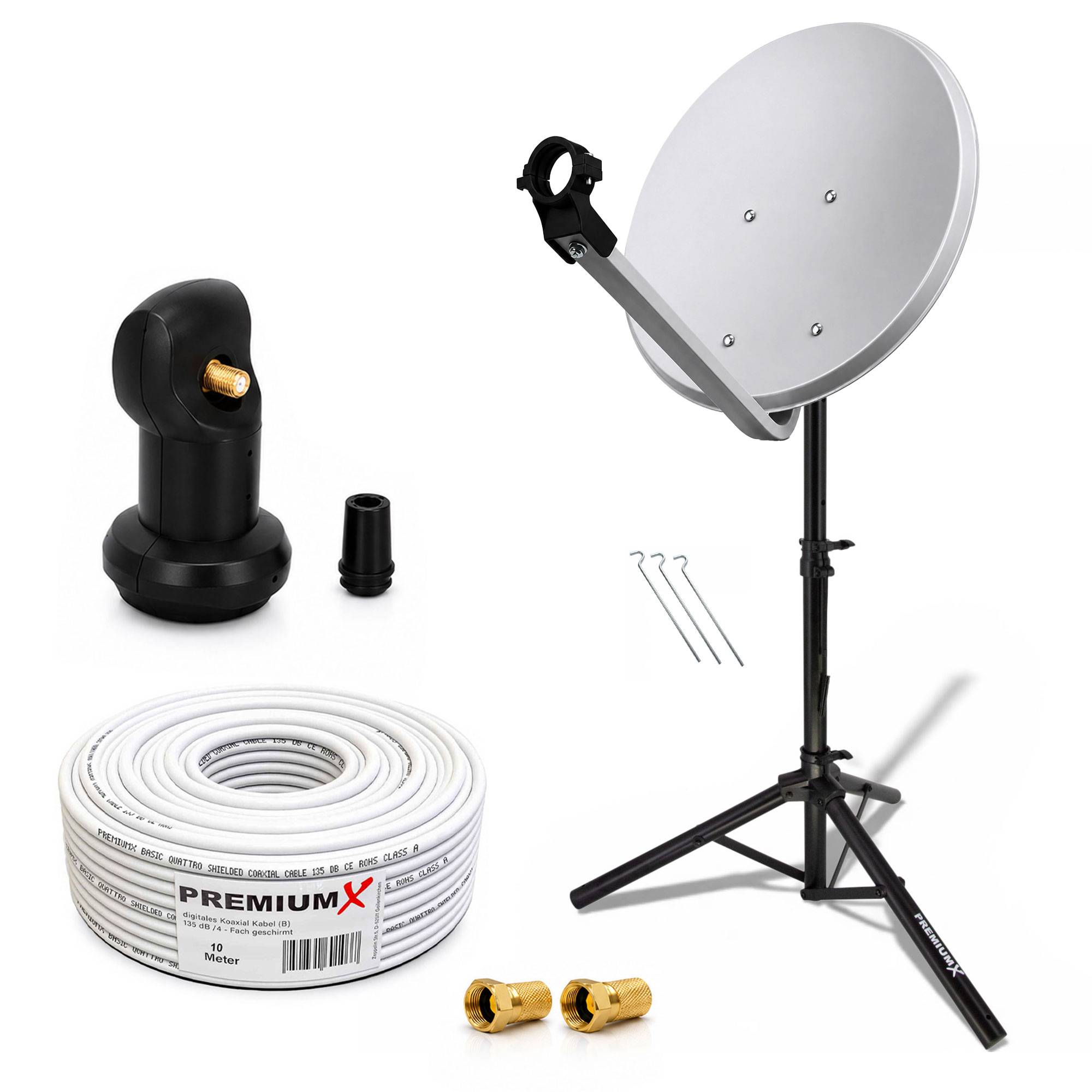 PremiumX Camping Sat Anlage 45cm Satelliten-Schüssel Antenne Single LNB 4K 10m Kabel 2x F-Stecker Dreibein Stativ Schwarz Wohnwagen