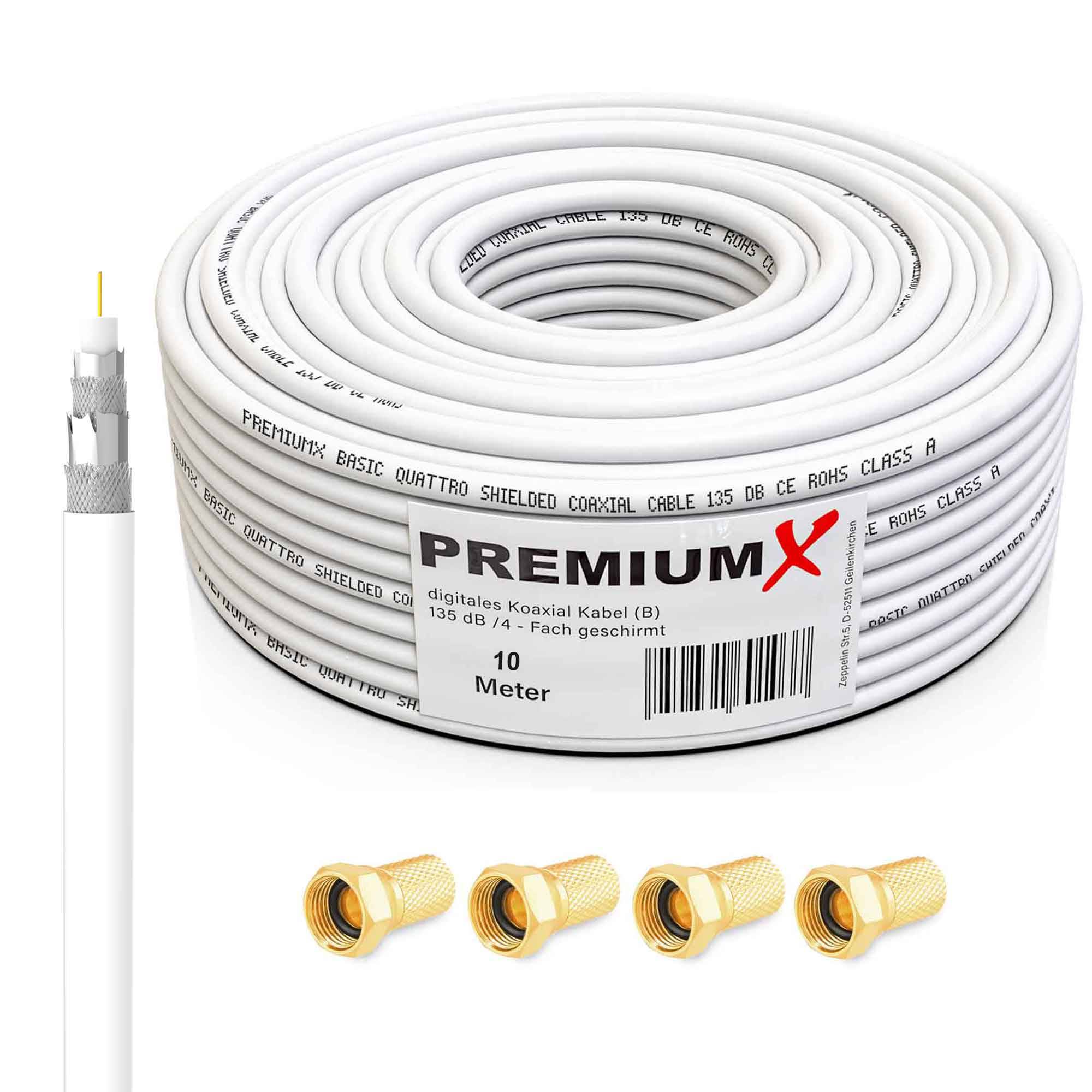 PremiumX 10m BASIC Koaxialkabel 135dB 4-fach SAT Antennenkabel Koax-Kabel DVB-S / S2 DVB-C DVB-T BK Anlagen 4x F-Stecker