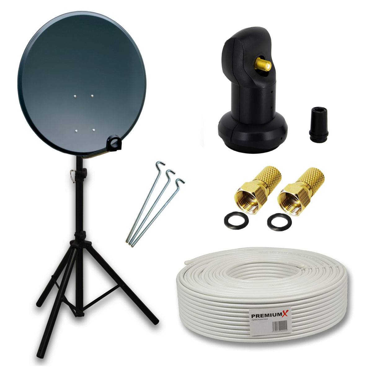 PremiumX Camping Satelliten-Komplettanlage 45cm Satelliten-Schüssel Antenne SAT Single LNB 10m Kabel 2x F-Stecker Dreibein-Stativ