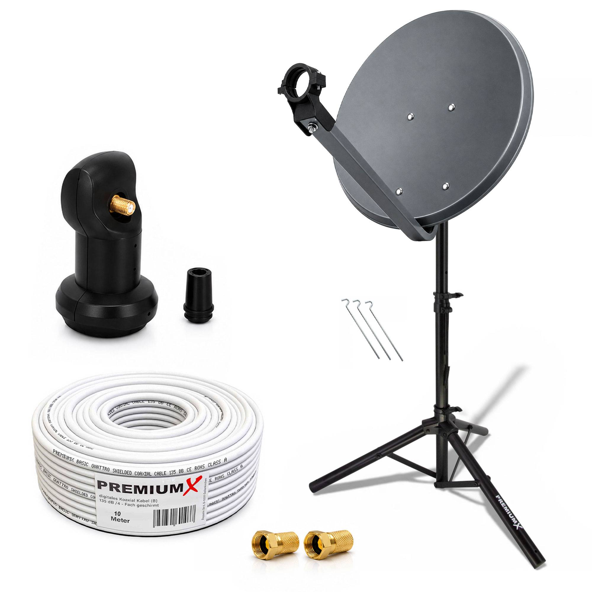 PremiumX Camping Satelliten-Komplettanlage 45cm Satelliten-Schüssel Antenne SAT Single LNB 10m Kabel 2x F-Stecker Dreibein-Stativ