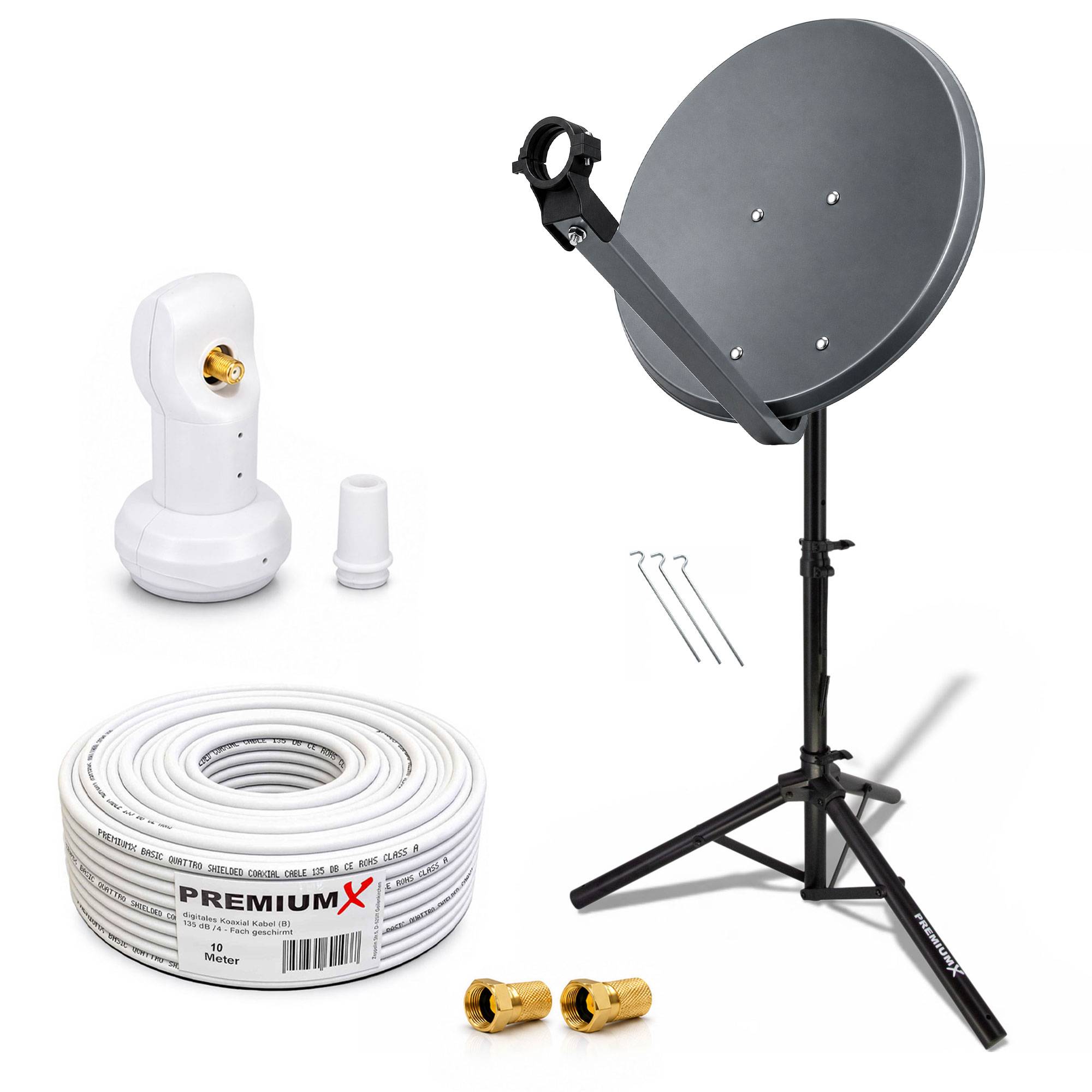 PremiumX Camping mobile Satelliten-Komplettanlage 45cm Satellitenschüssel SAT Single LNB Dreibein-Stativ 10m Kabel 2x F-Stecker