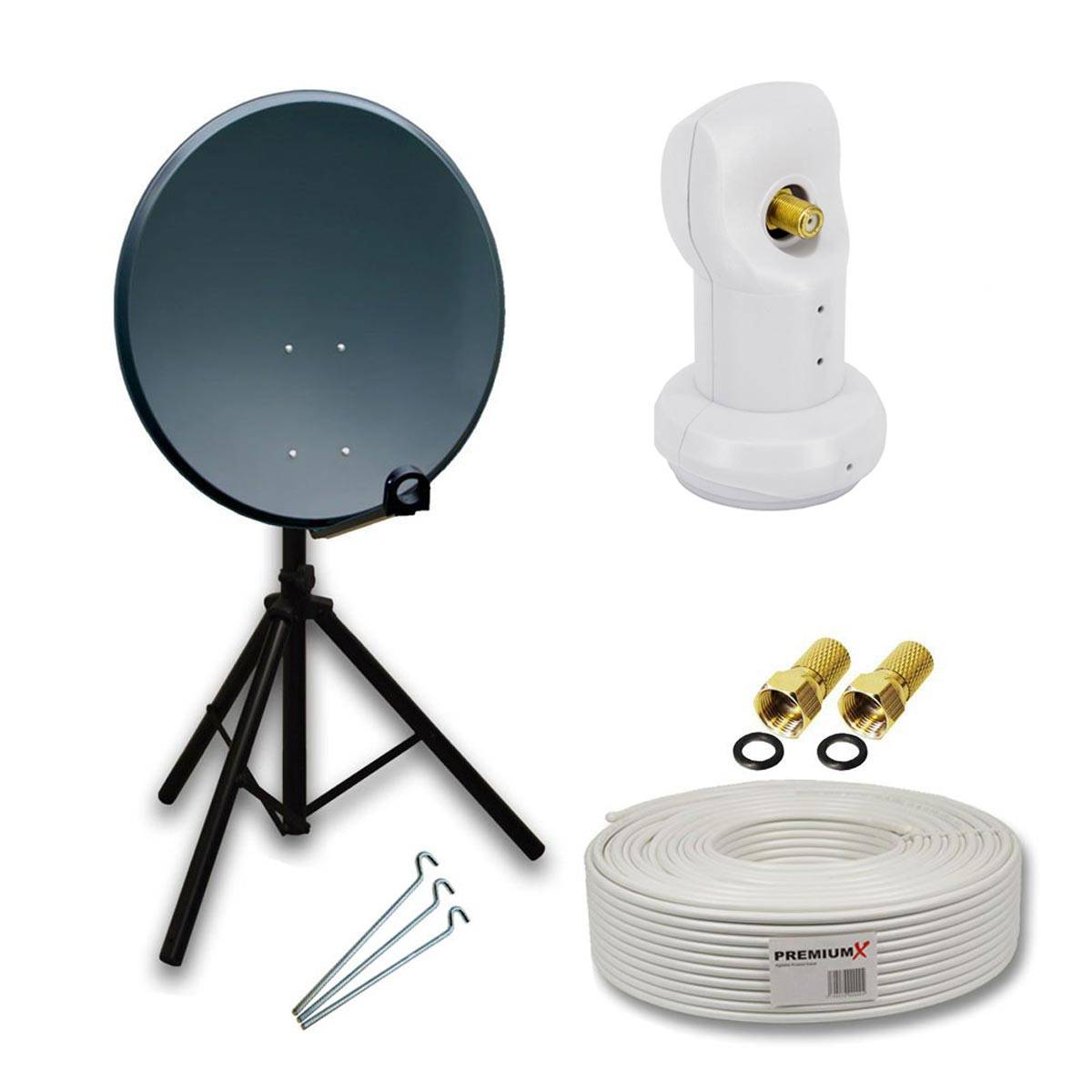 PremiumX Camping mobile Satelliten-Komplettanlage 45cm Satellitenschüssel SAT Single LNB Dreibein-Stativ 10m Kabel 2x F-Stecker